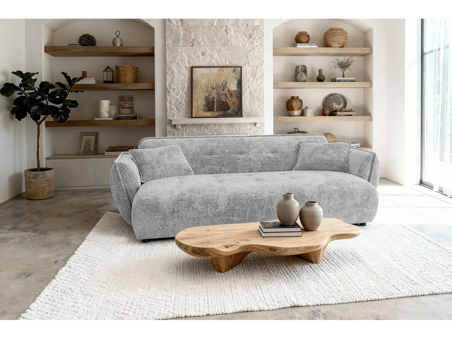 MONA - Canapé droit tissu chenille 3 places Gris clair