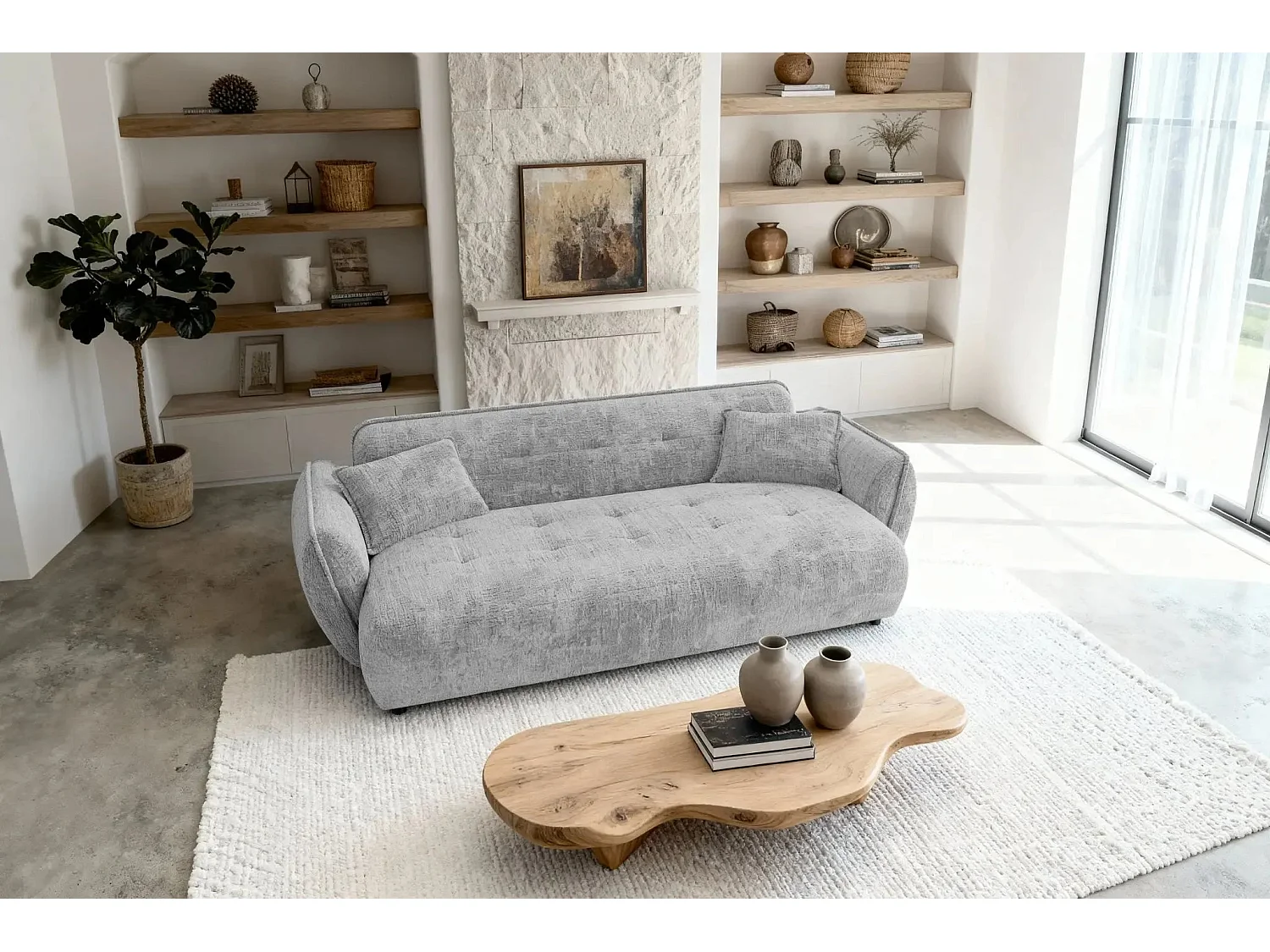 MONA - Canapé droit tissu chenille 3 places Gris clair