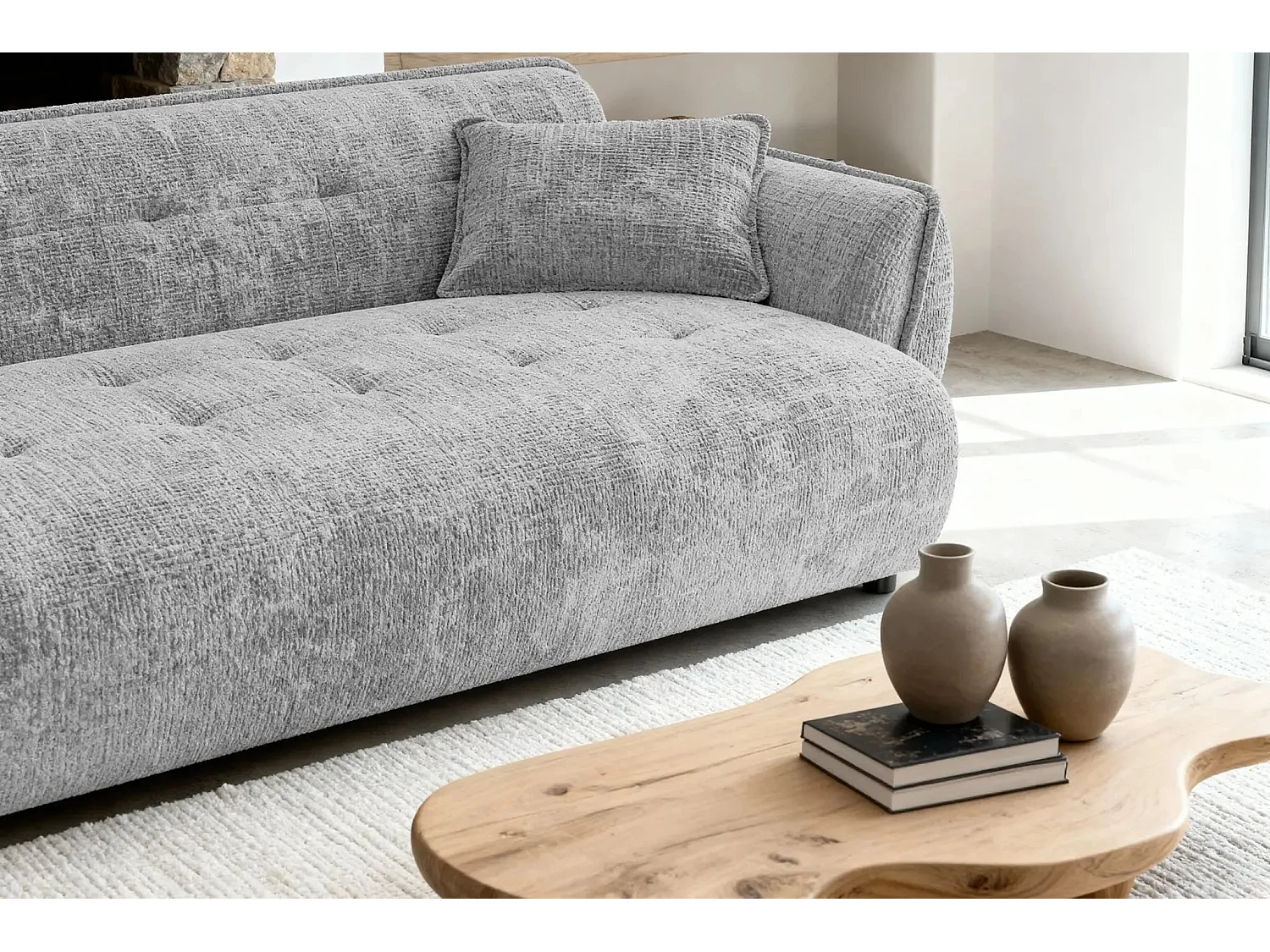 MONA - Canapé droit tissu chenille 3 places Gris clair