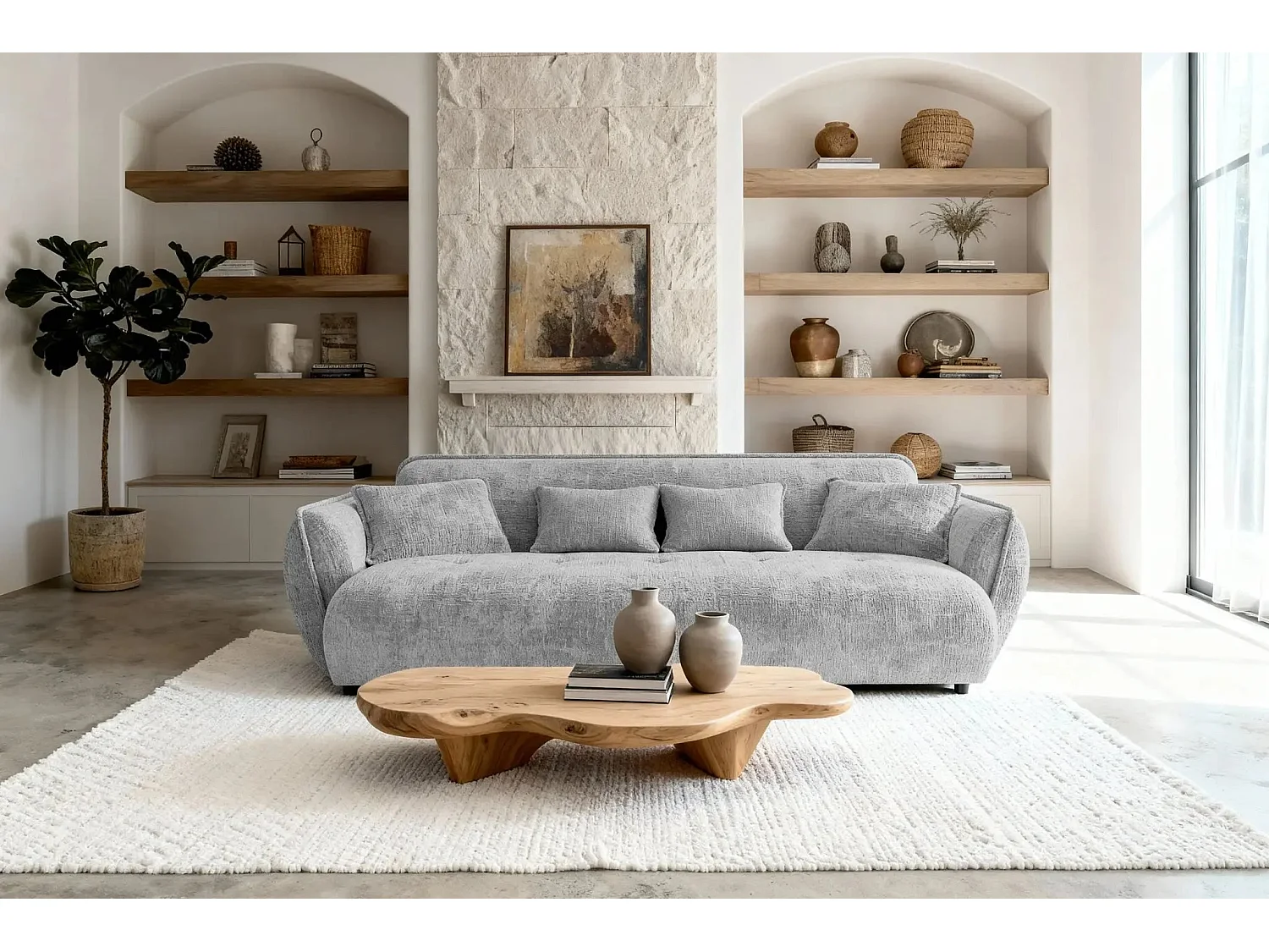 MONA - Canapé droit tissu chenille 3 places Gris clair