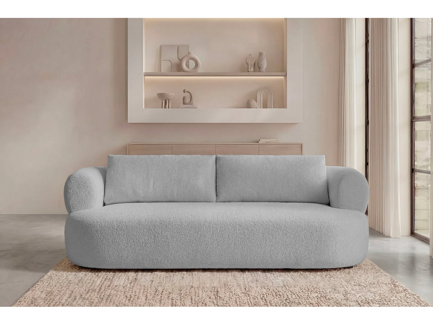 ELLY - Canapé droit tissu chenille 3 places Gris clair