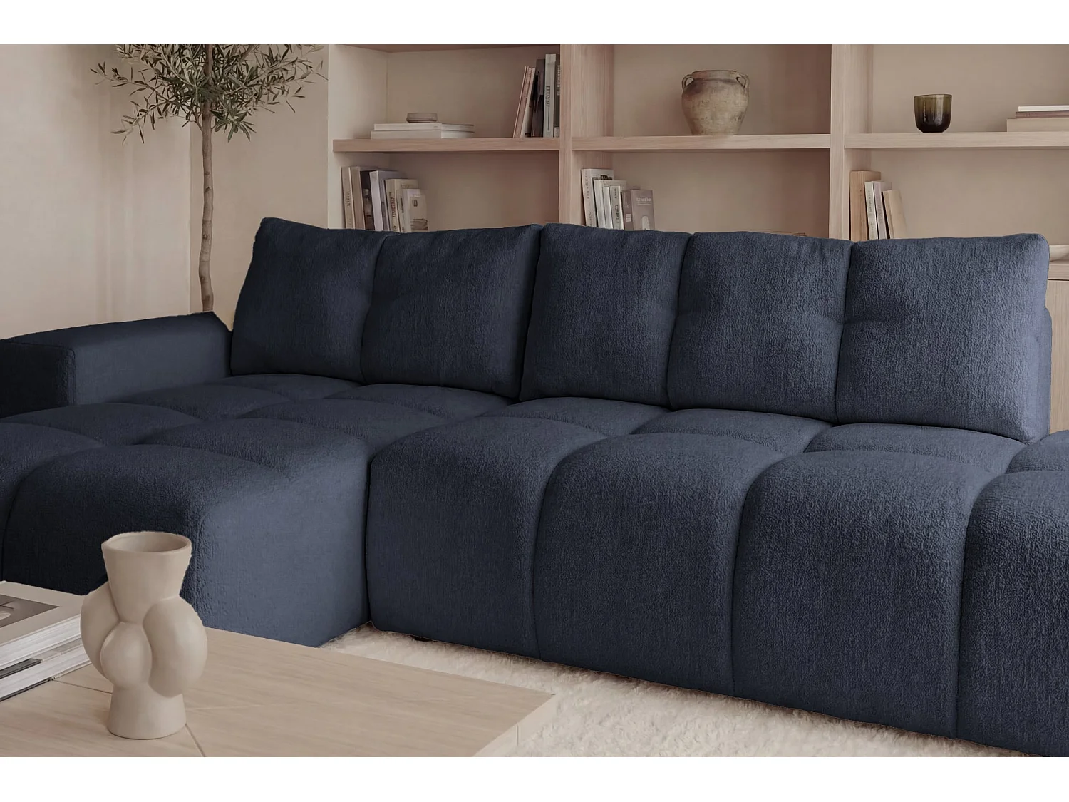 CONSTANCE - 4-zits hoekbank in chenille stof - Donkerblauw