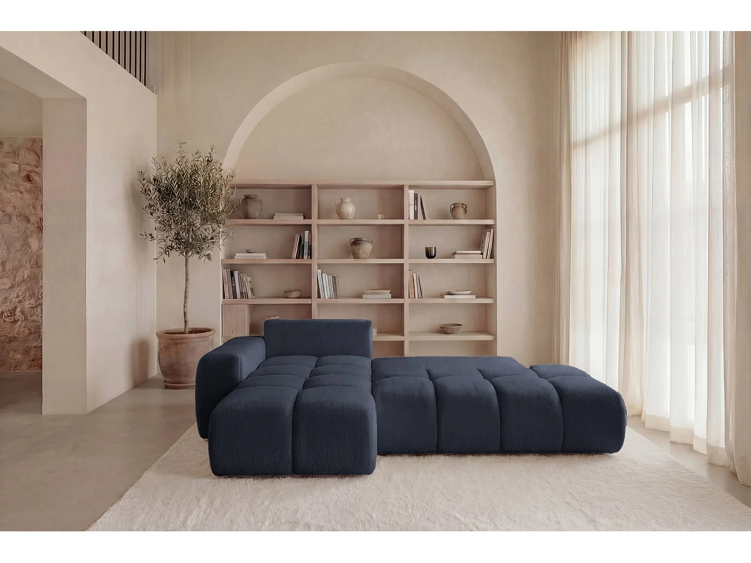 CONSTANCE - 4-zits hoekbank in chenille stof - Donkerblauw