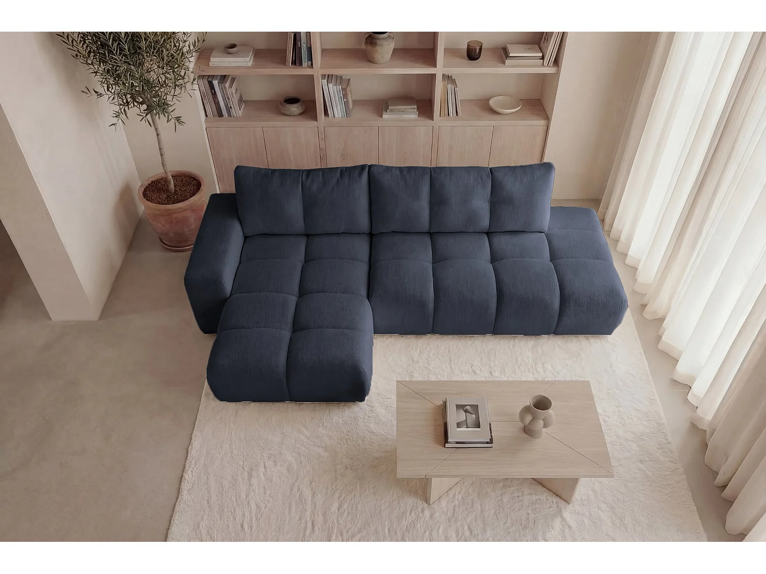 CONSTANCE - 4-zits hoekbank in chenille stof - Donkerblauw