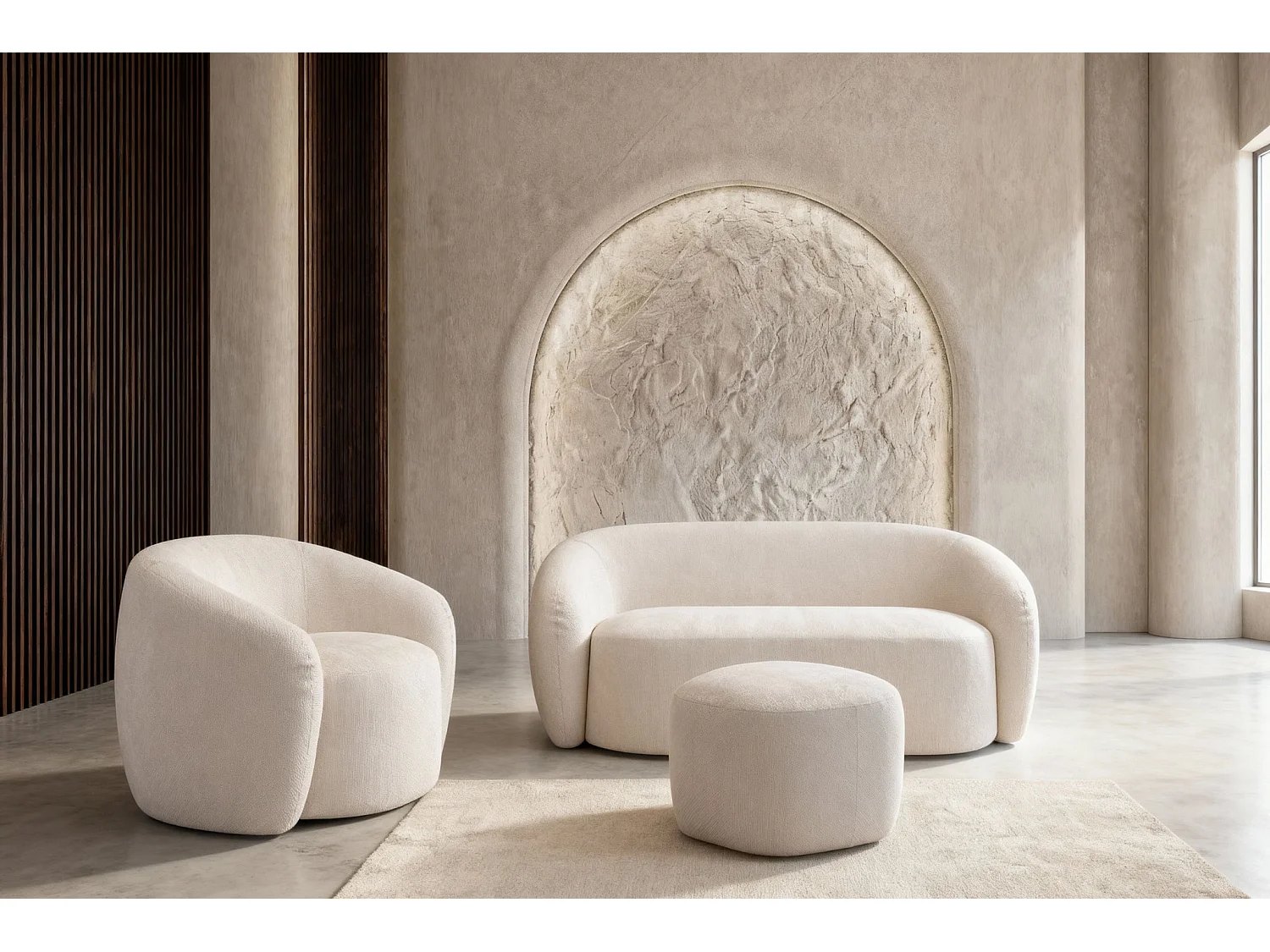 AURELIE - Pack Canapé droit 2 places + fauteuil + pouf tissu Beige