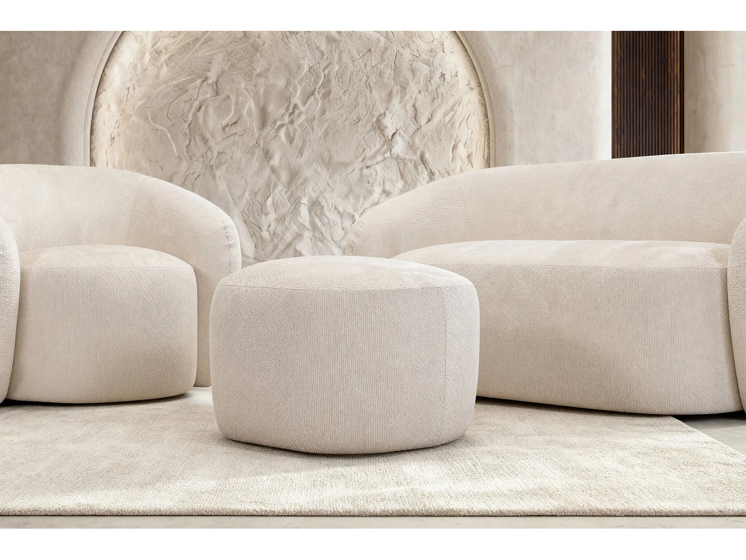 AURELIE - Pack Canapé droit 2 places + fauteuil + pouf tissu Beige