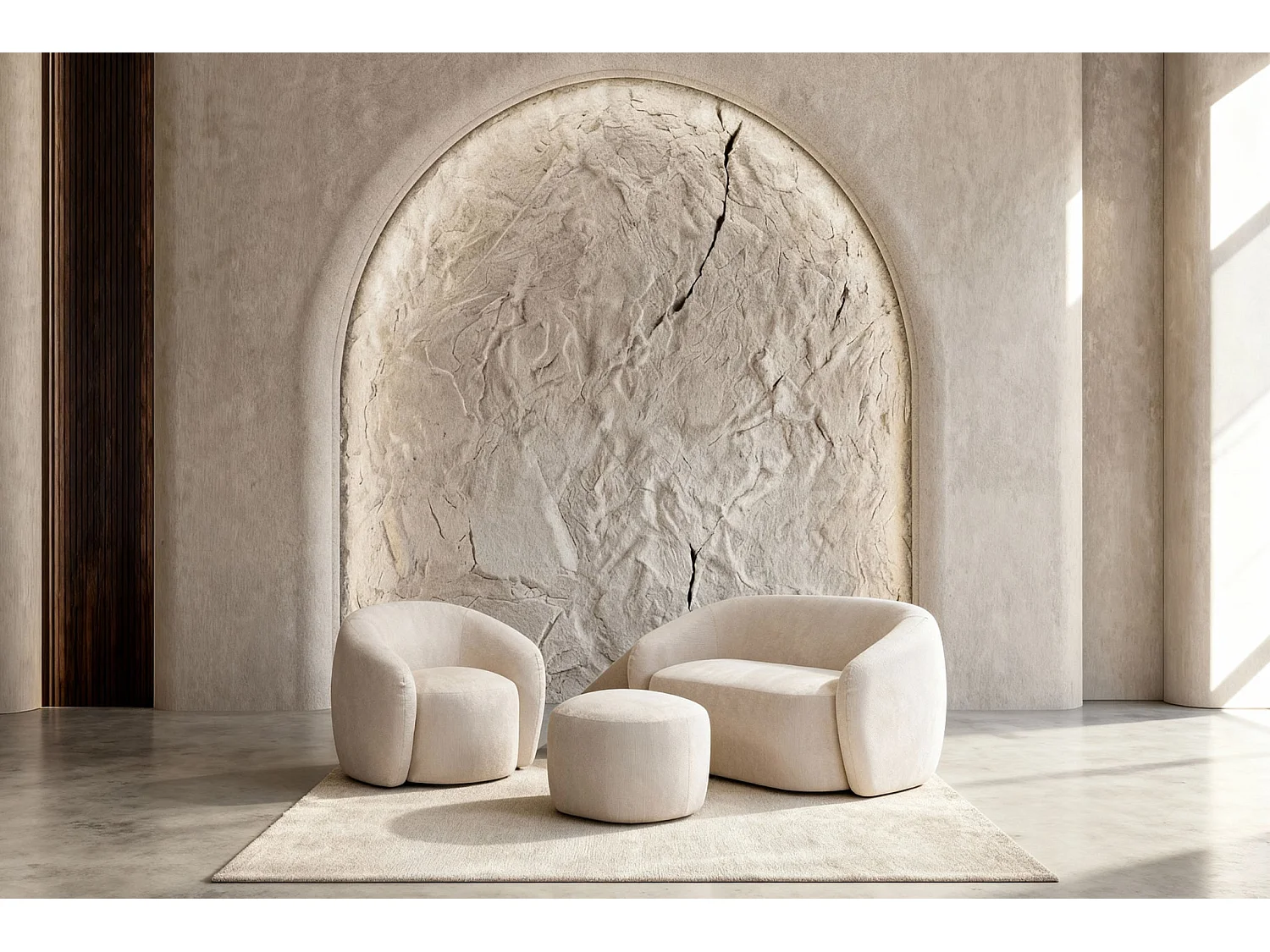 AURELIE - Pack Canapé droit 2 places + fauteuil + pouf tissu Beige