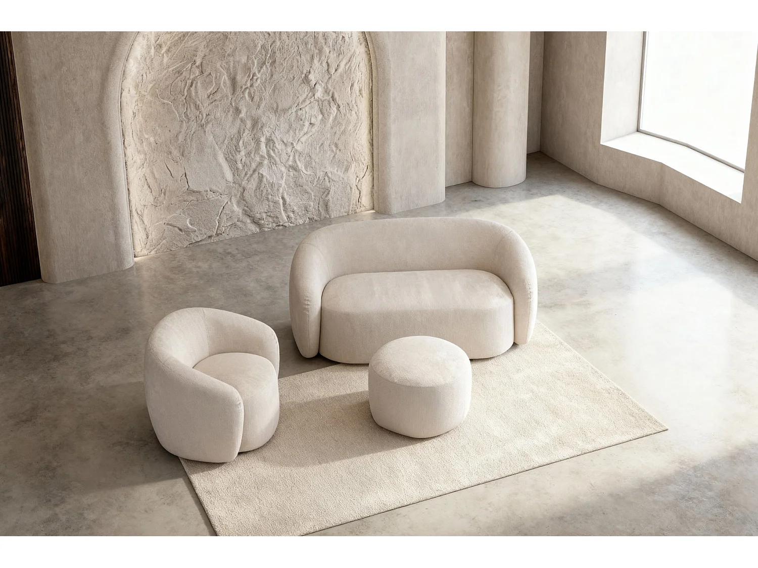 AURELIE - Pack Canapé droit 2 places + fauteuil + pouf tissu Beige
