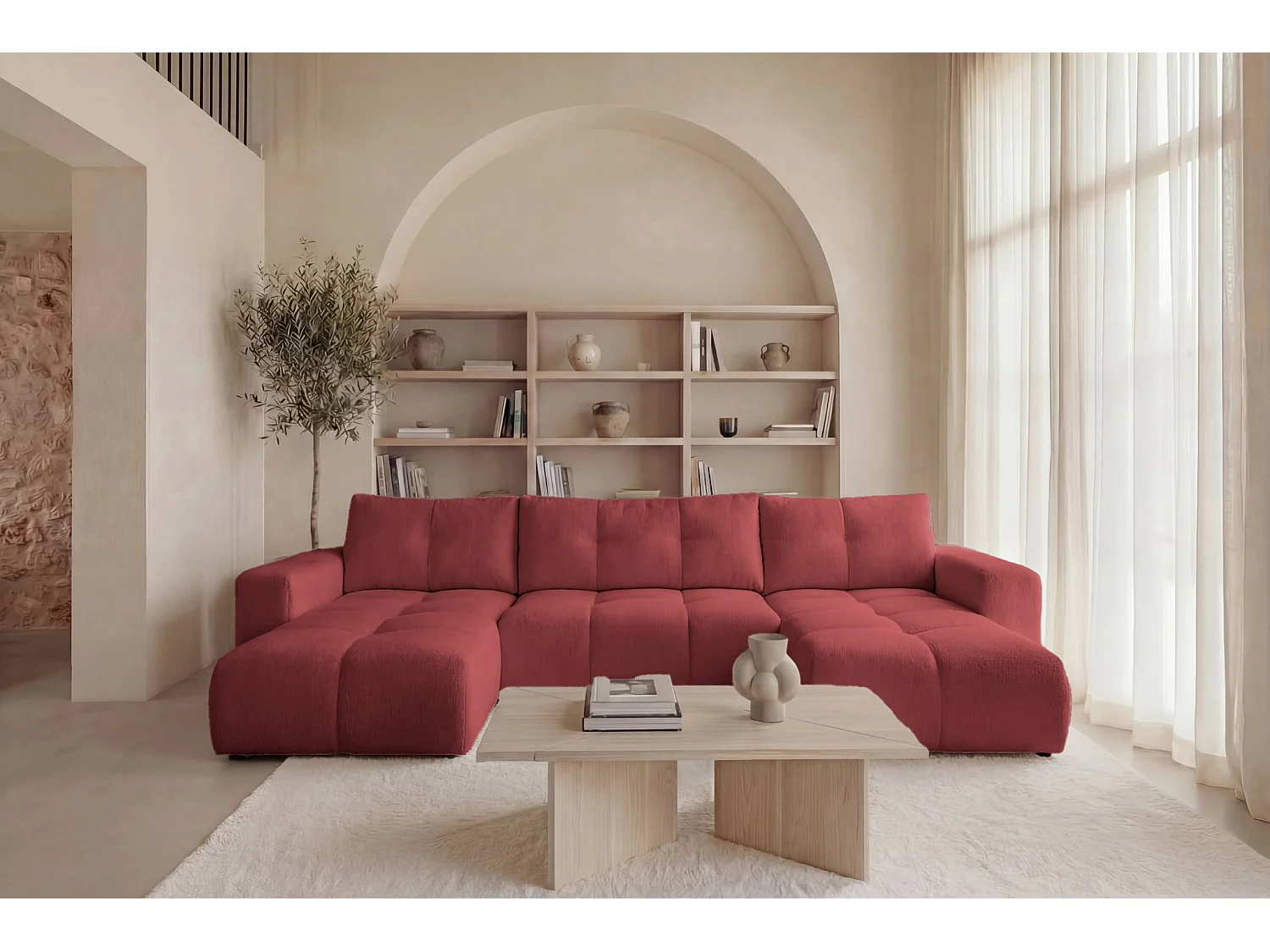 CONSTANCE - 5-zits panoramische slaapbank in chenille stof - Rood