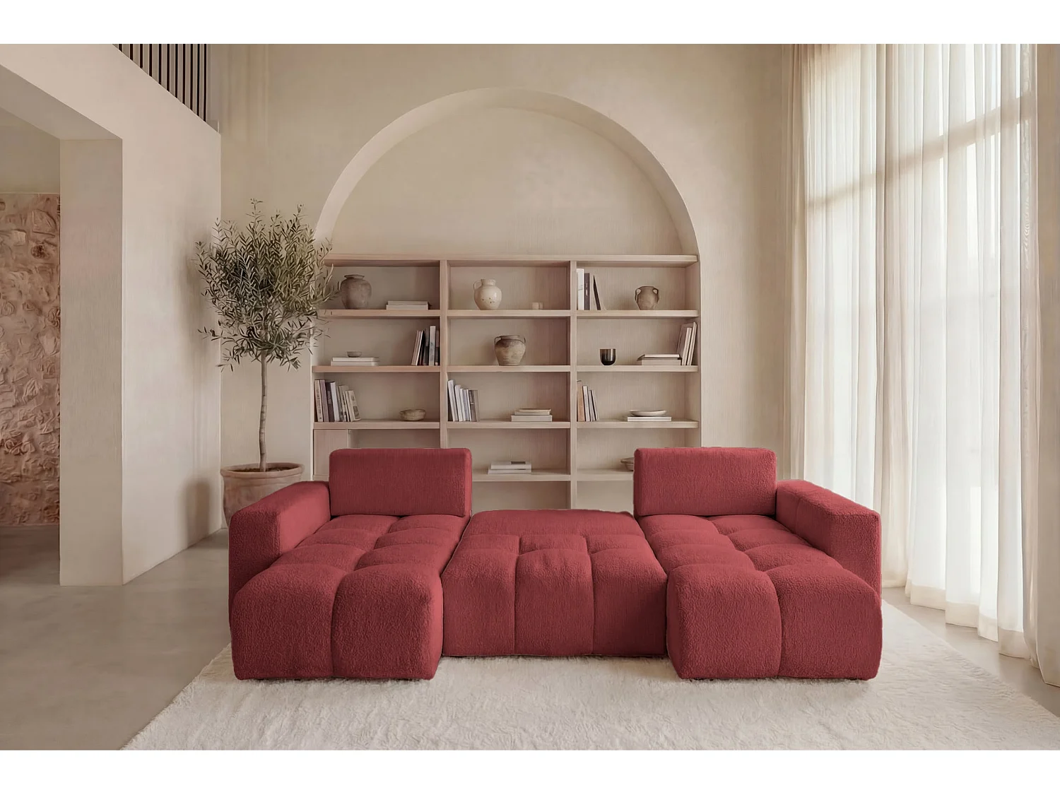 CONSTANCE - 5-zits panoramische slaapbank in chenille stof - Rood