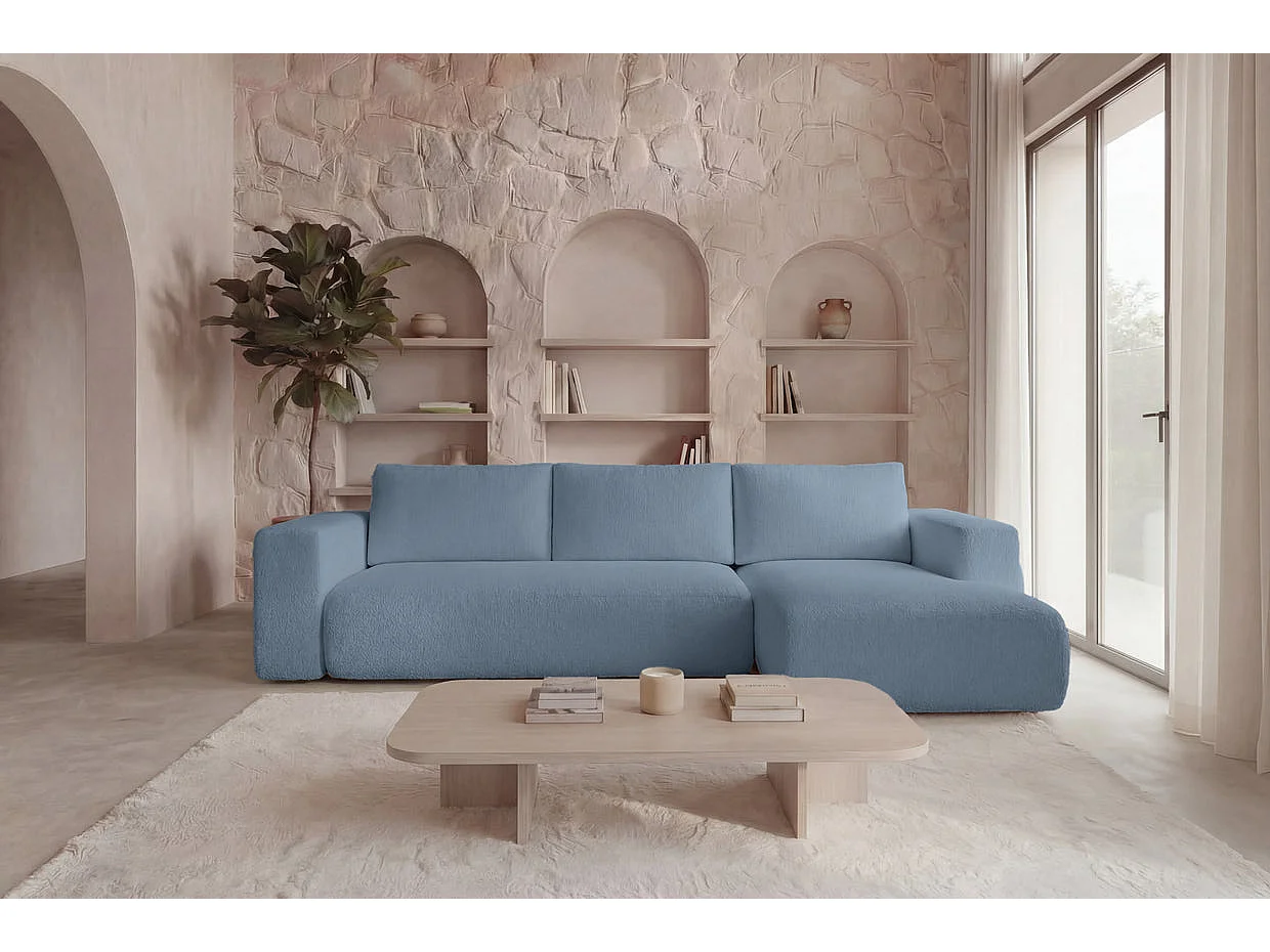 ARIEL - Bouclette stoffen hoekbank, 4 zits, rechts - Blauw