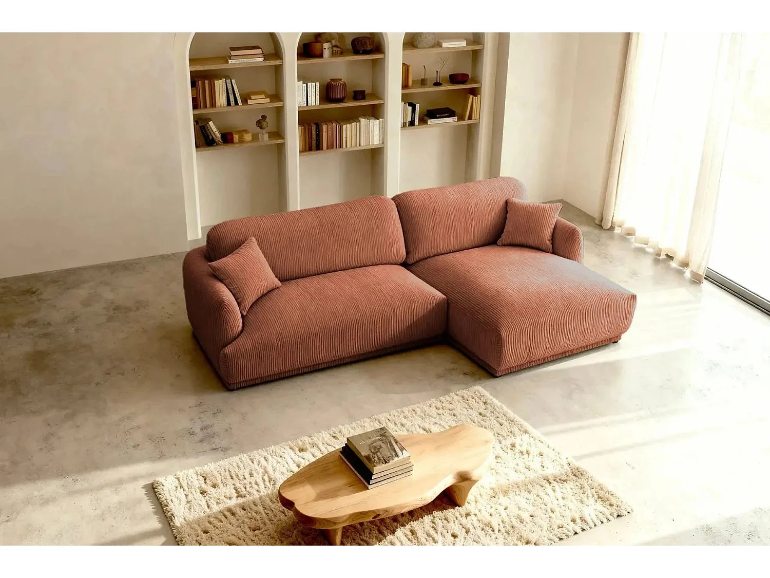 ROSALIE - 3-zits kleine corduroy hoekbank - Recht - Terracotta