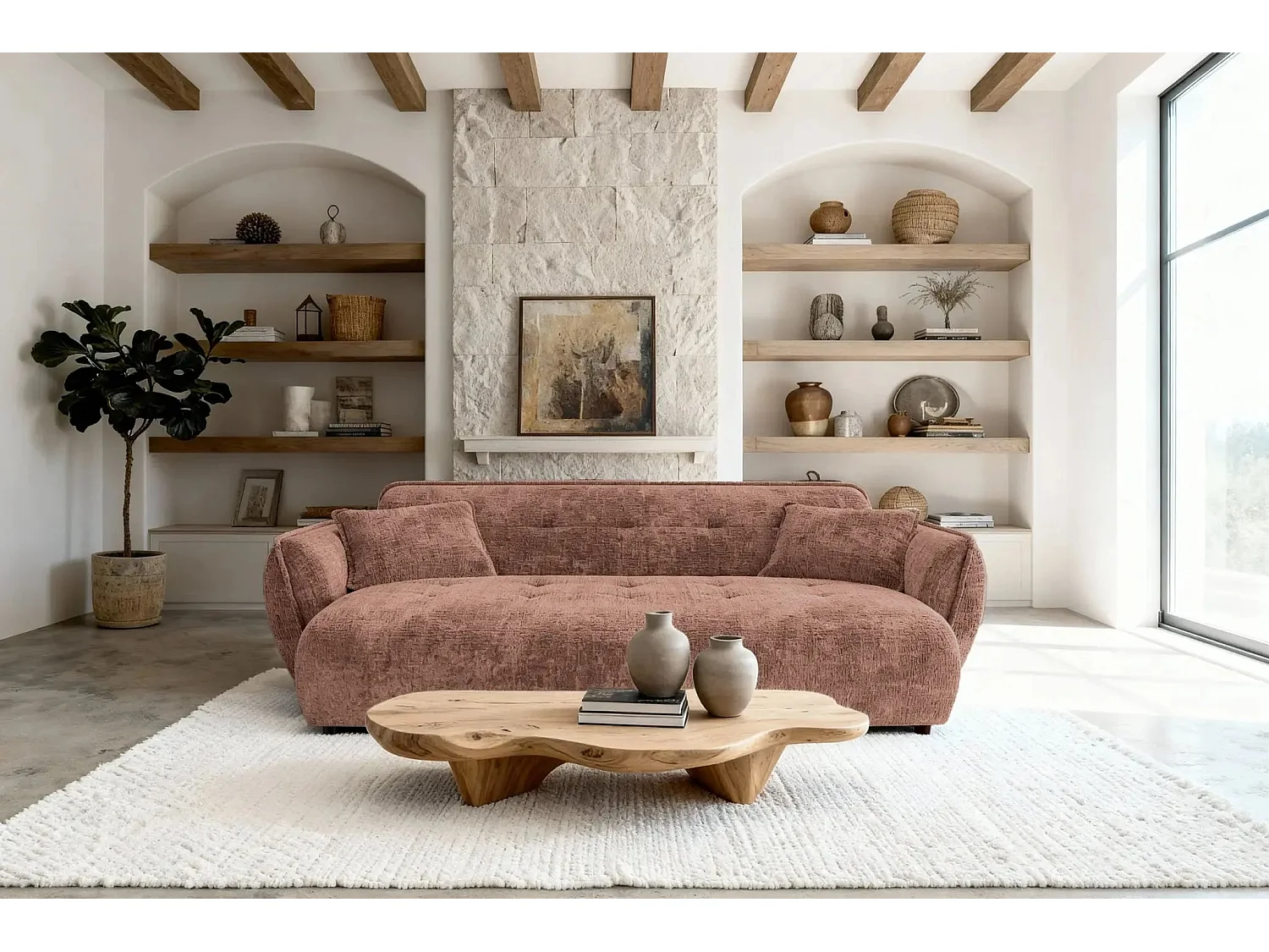 MONA - 3-zits rechte bank in chenille stof - Terracotta