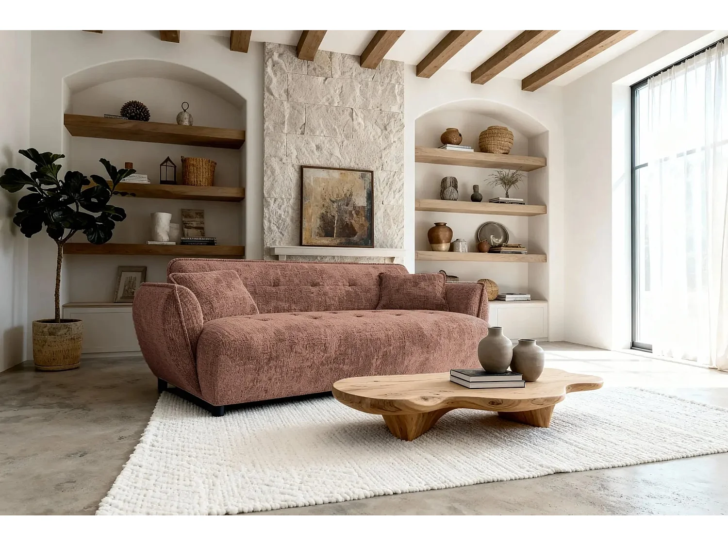 MONA - 3-zits rechte bank in chenille stof - Terracotta