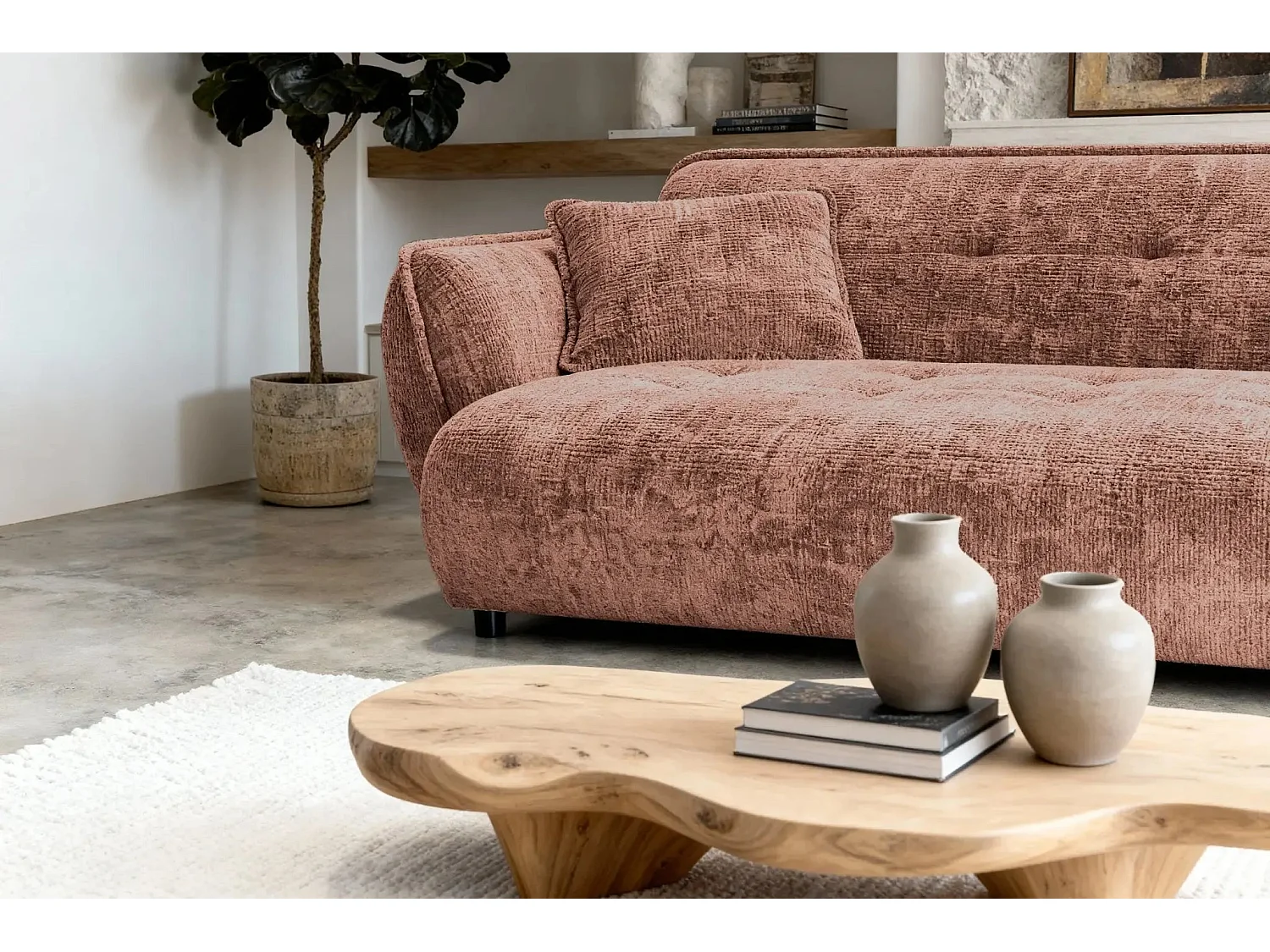 MONA - 3-zits rechte bank in chenille stof - Terracotta