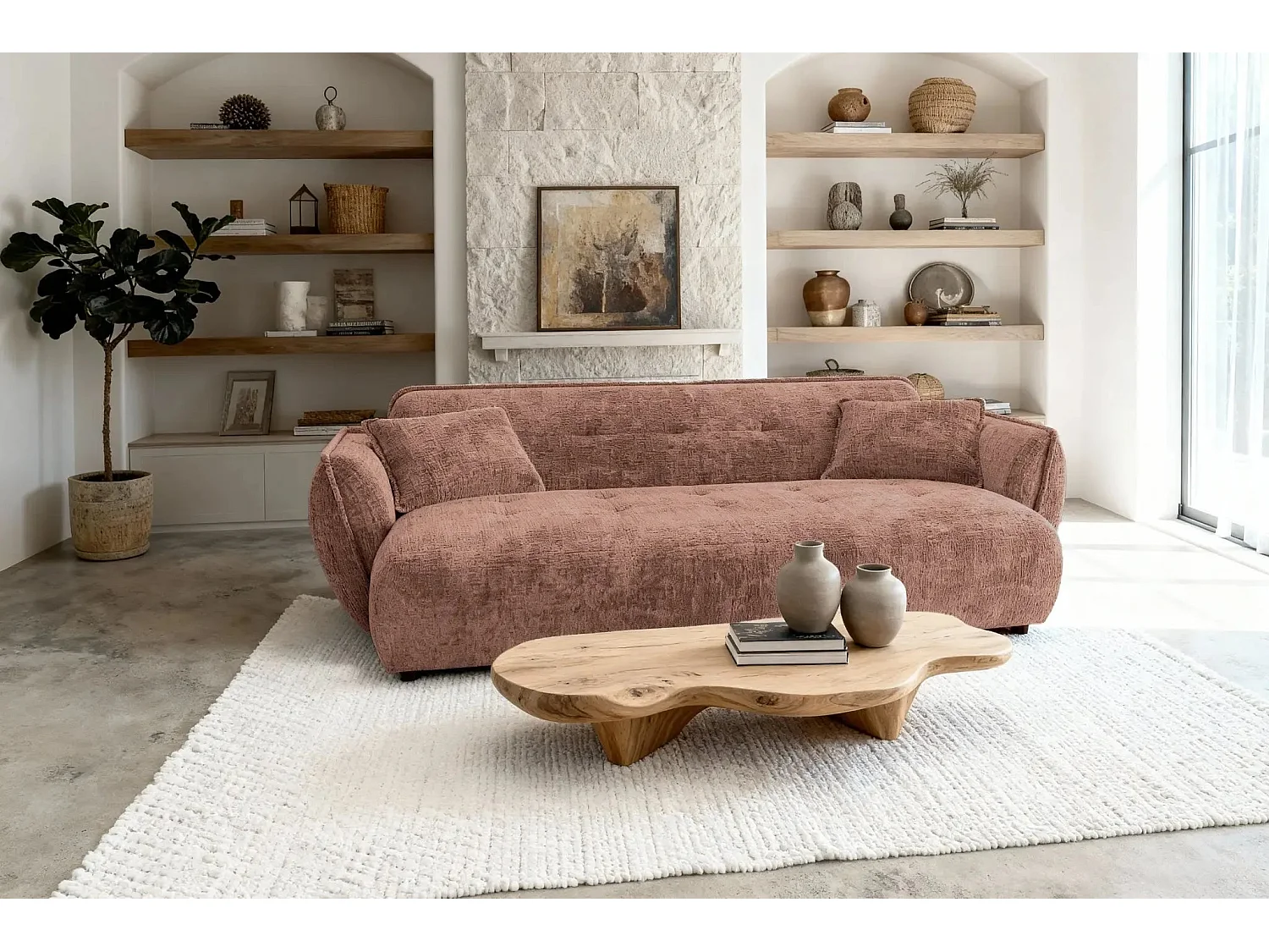 MONA - 3-zits rechte bank in chenille stof - Terracotta