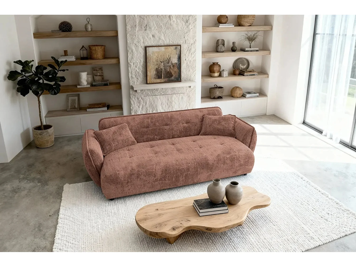 MONA - 3-zits rechte bank in chenille stof - Terracotta