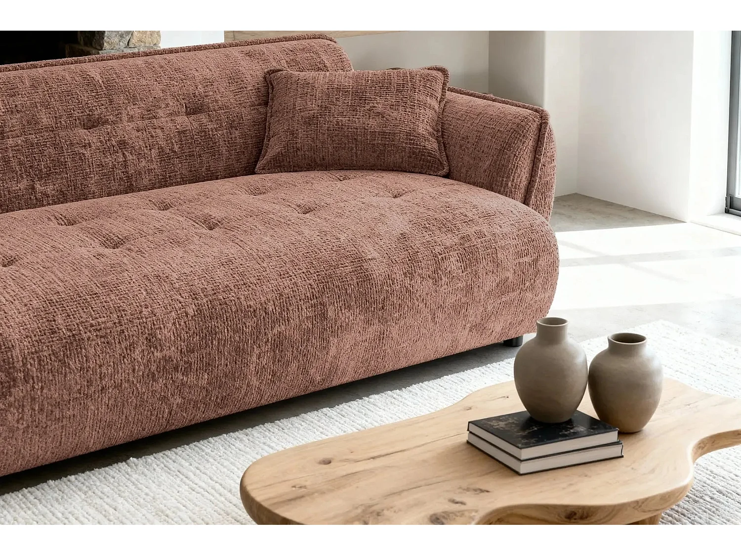 MONA - 3-zits rechte bank in chenille stof - Terracotta