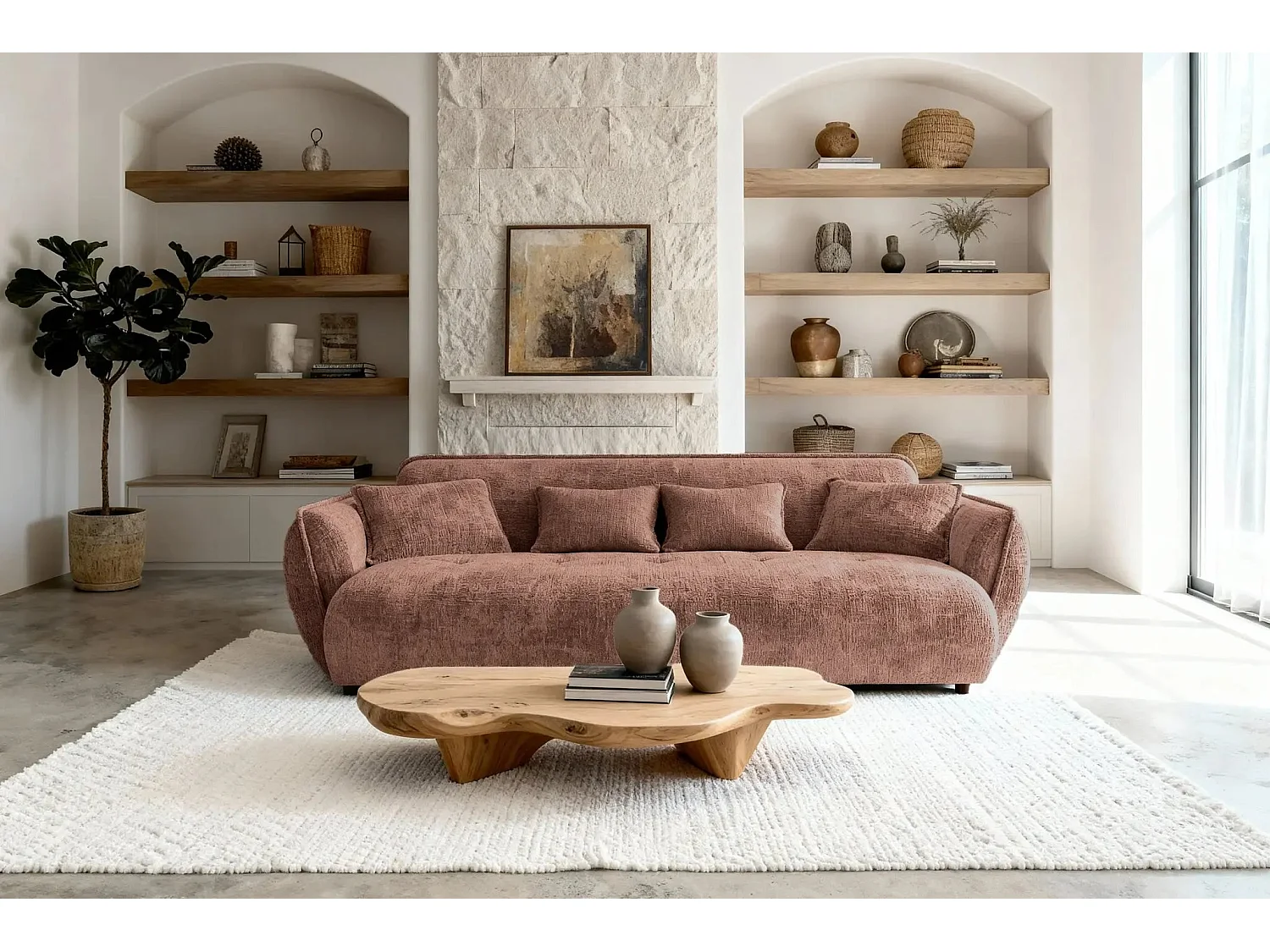 MONA - 3-zits rechte bank in chenille stof - Terracotta