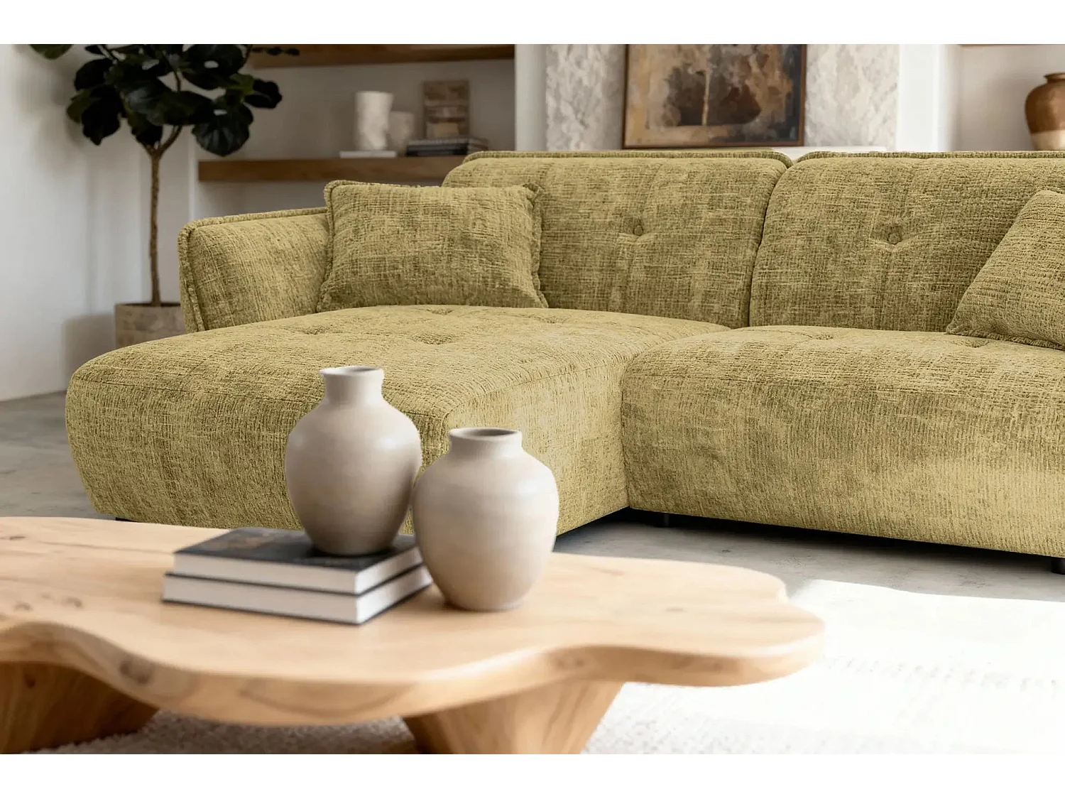 MONA - 4-zits hoekbank in chenille stof - Links - Mustard