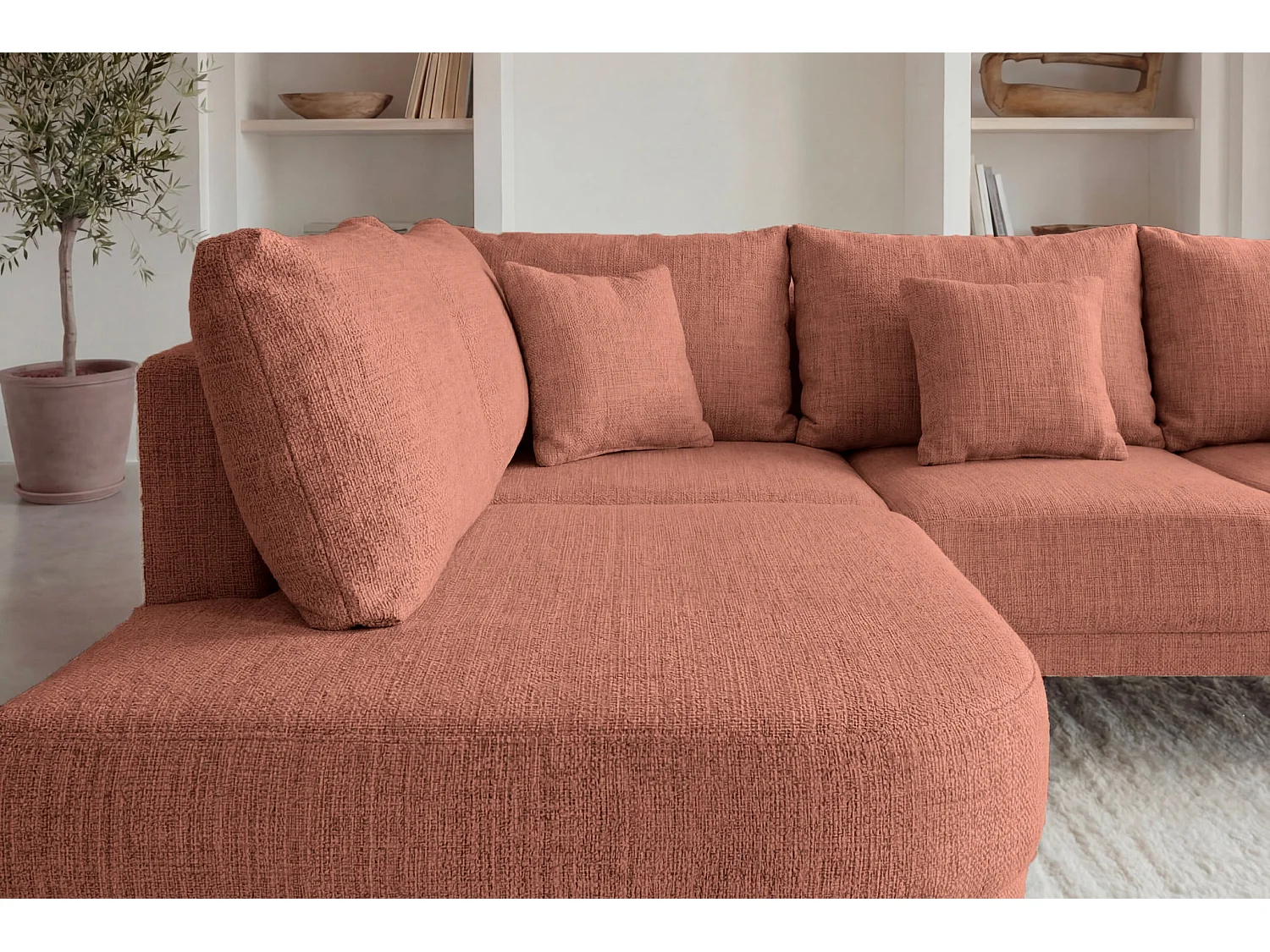 BIANCA - Chenille stoffen hoekbank 4 zits links - Terracotta