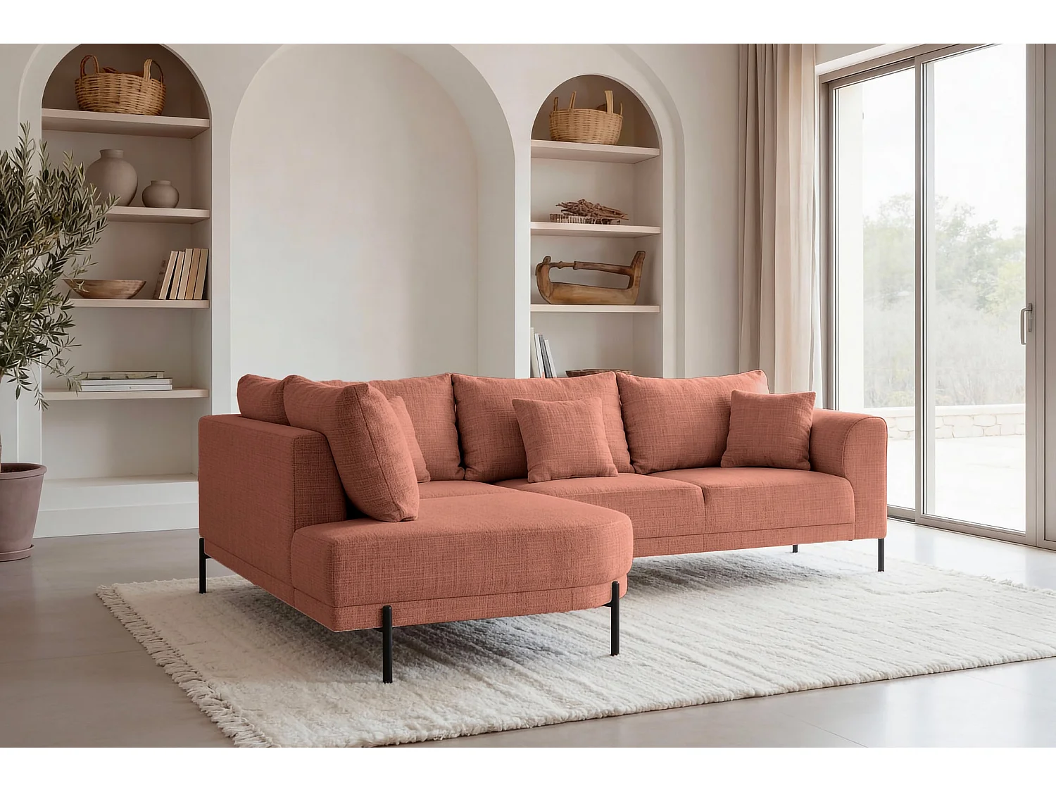 BIANCA - Chenille stoffen hoekbank 4 zits links - Terracotta