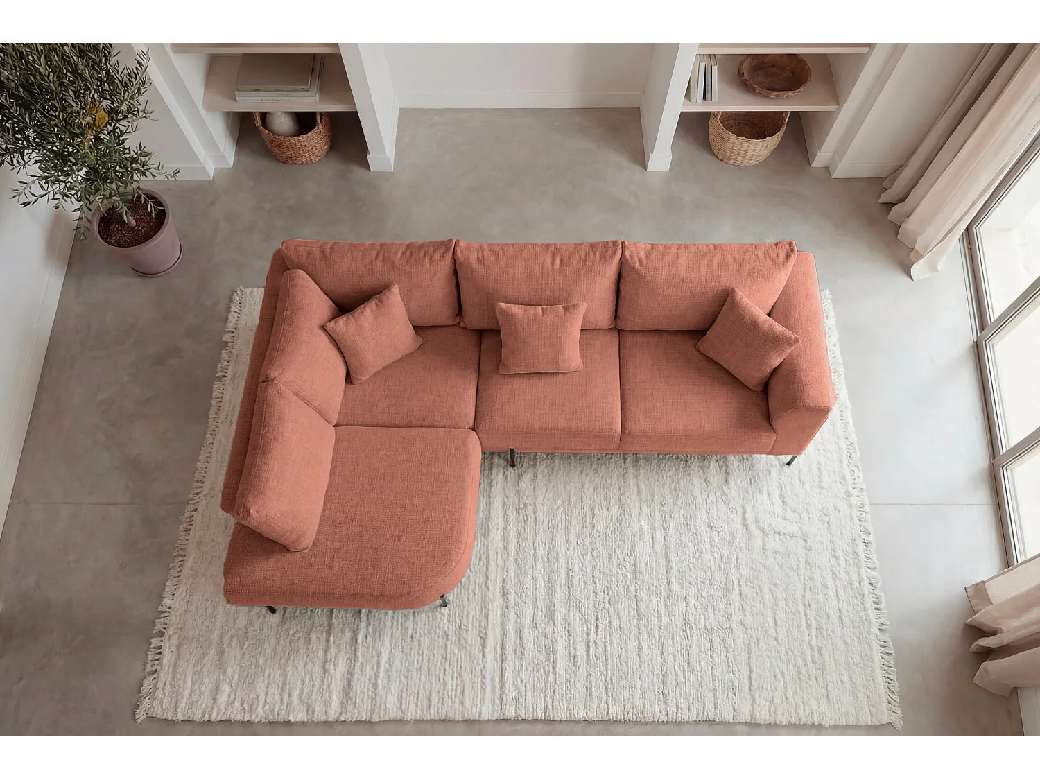 BIANCA - Chenille stoffen hoekbank 4 zits links - Terracotta