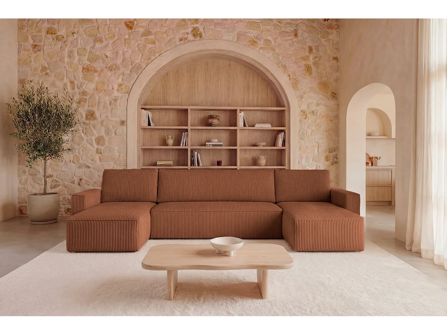 MAURIE - Panoramabank klein ribfluweel 5 zits - Terracotta