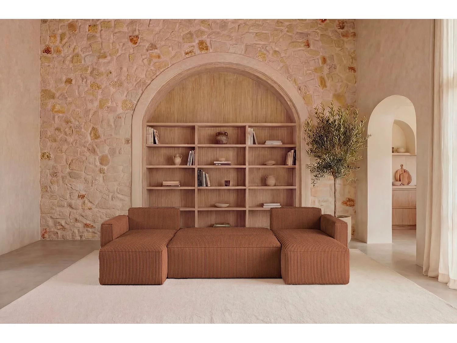 MAURIE - Panoramabank klein ribfluweel 5 zits - Terracotta