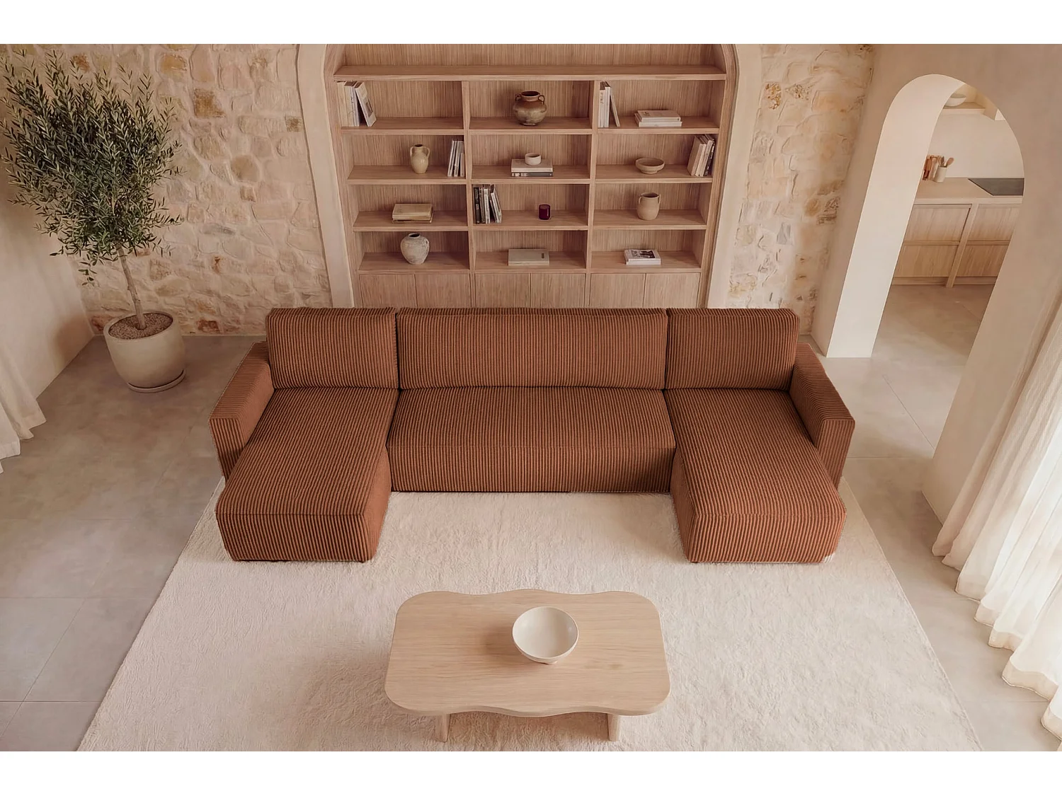 MAURIE - Panoramabank klein ribfluweel 5 zits - Terracotta