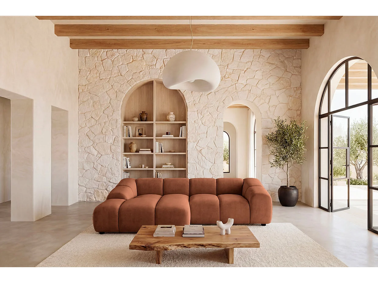 CANDICE - 3-zits hoekbank van fluweel, kleur Terracotta, links