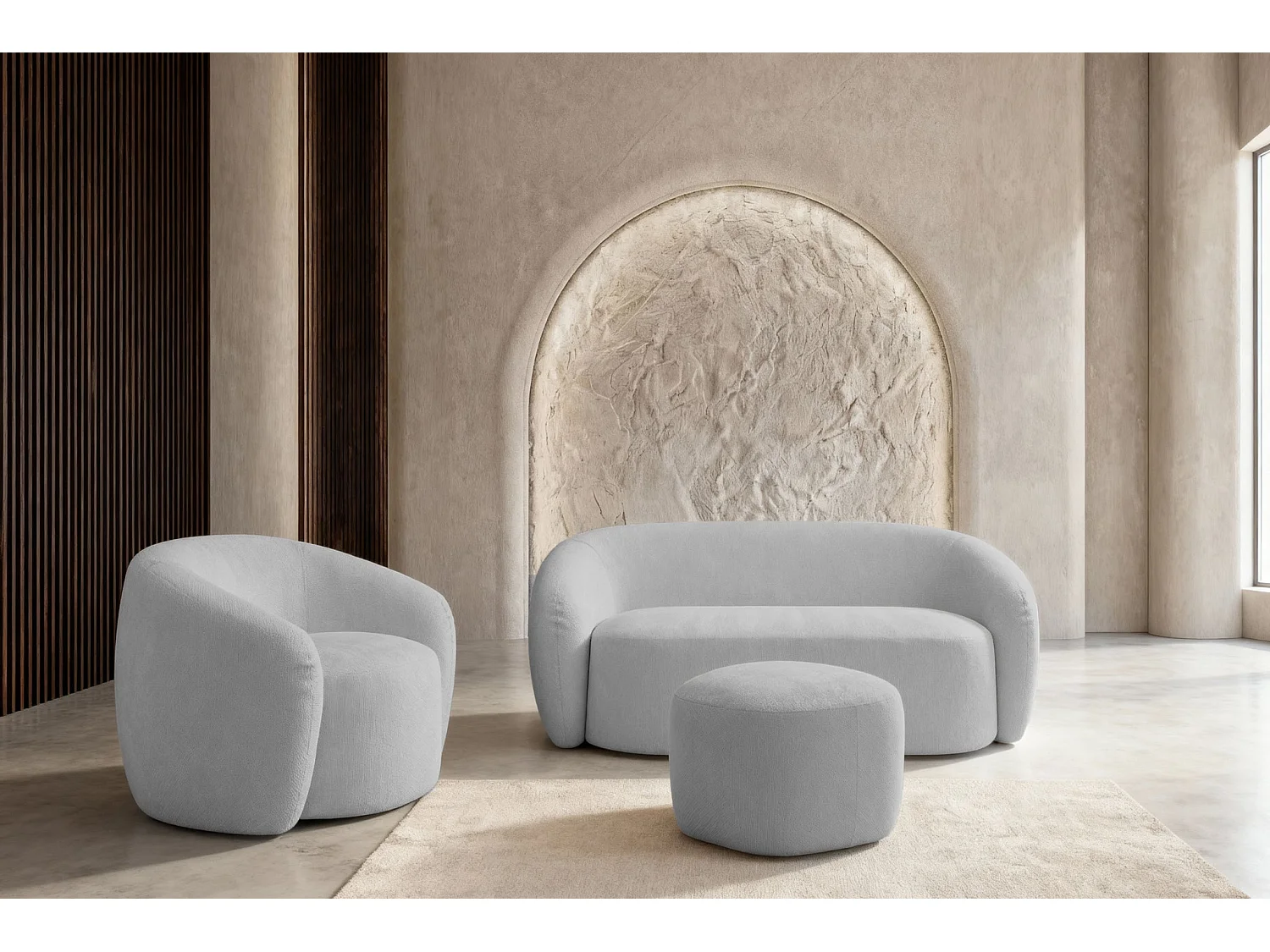 AURELIE - Pack Canapé droit 2 places + fauteuil + pouf tissu Gris clair