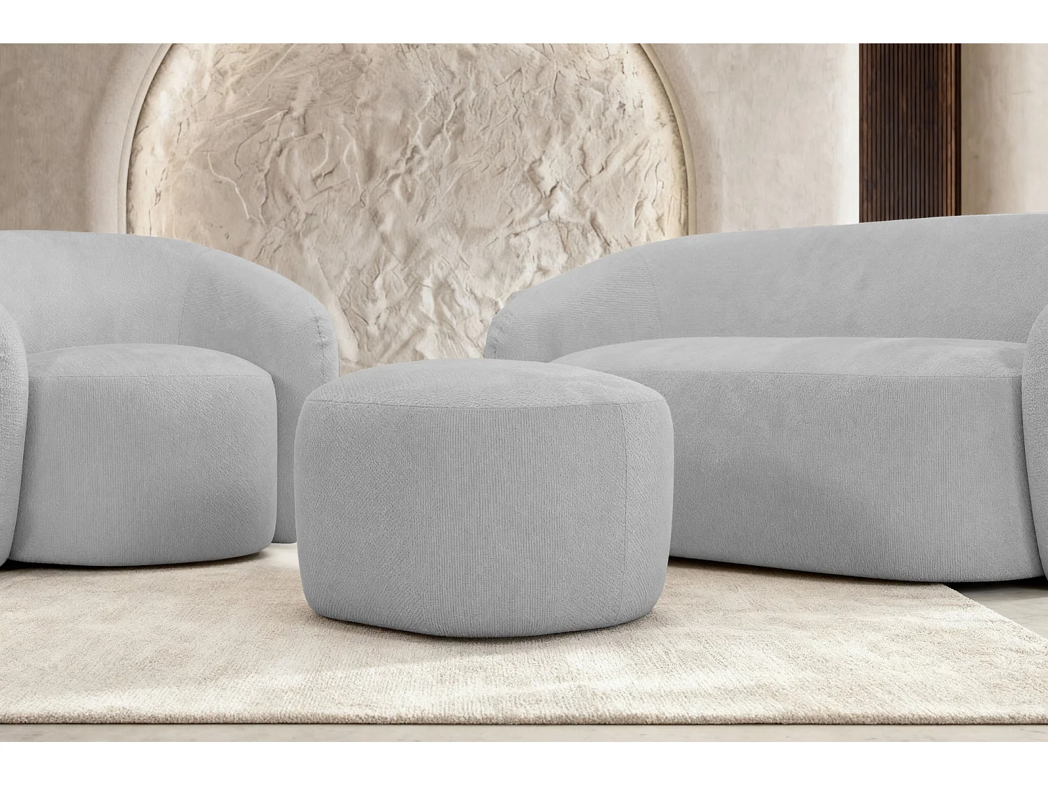 AURELIE - Pack Canapé droit 2 places + fauteuil + pouf tissu Gris clair