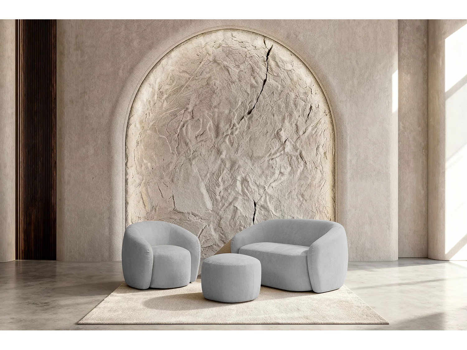 AURELIE - Pack Canapé droit 2 places + fauteuil + pouf tissu Gris clair