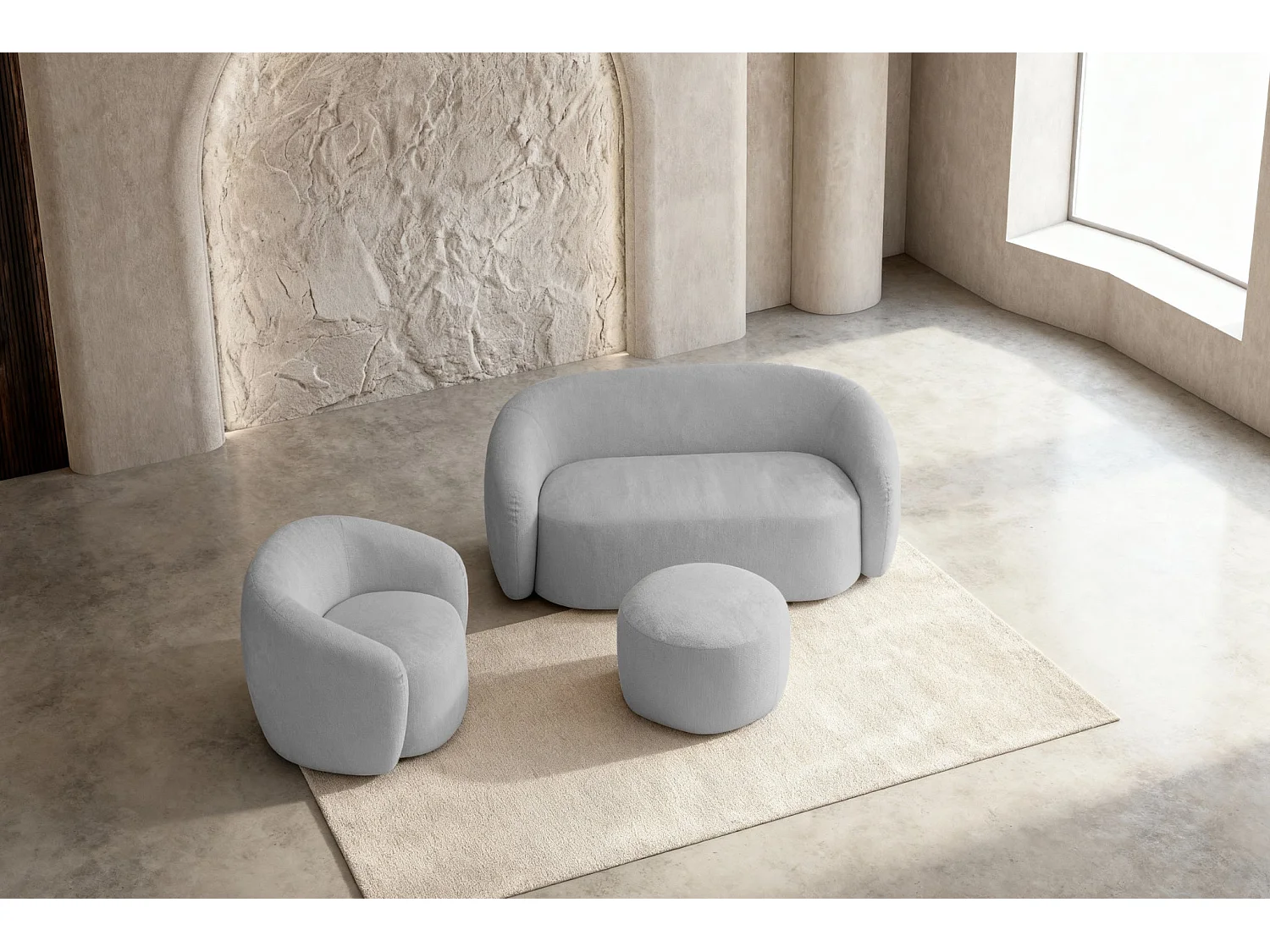 AURELIE - Pack Canapé droit 2 places + fauteuil + pouf tissu Gris clair