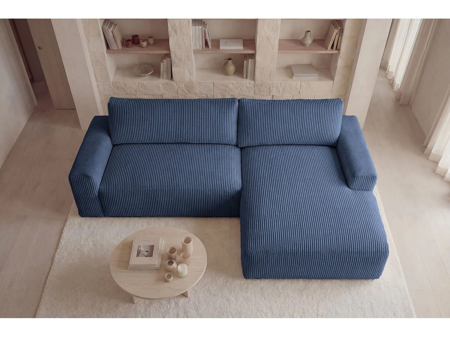OLYMPE - 4 zits kleine corduroy hoekbank - Blauw