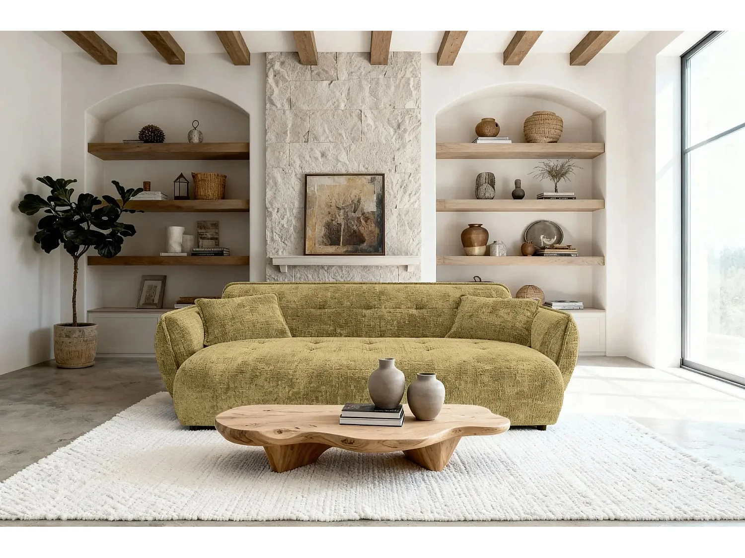 MONA - Canapé droit tissu chenille 3 places Moutarde