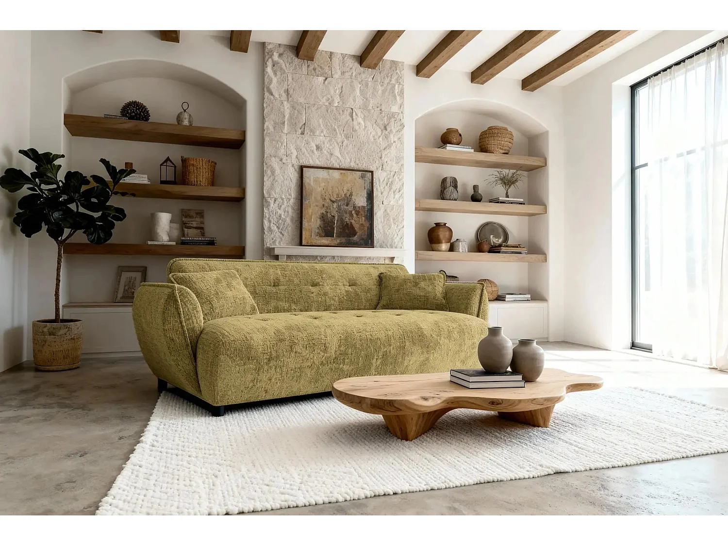 MONA - Canapé droit tissu chenille 3 places Moutarde