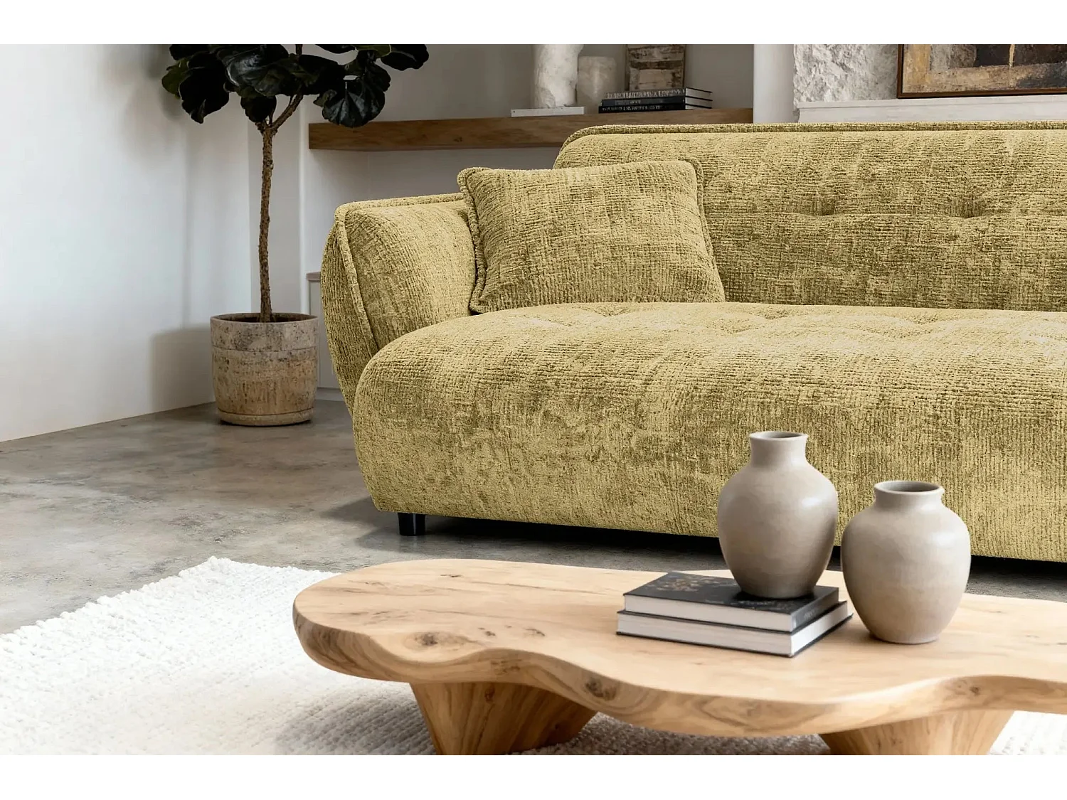 MONA - Canapé droit tissu chenille 3 places Moutarde