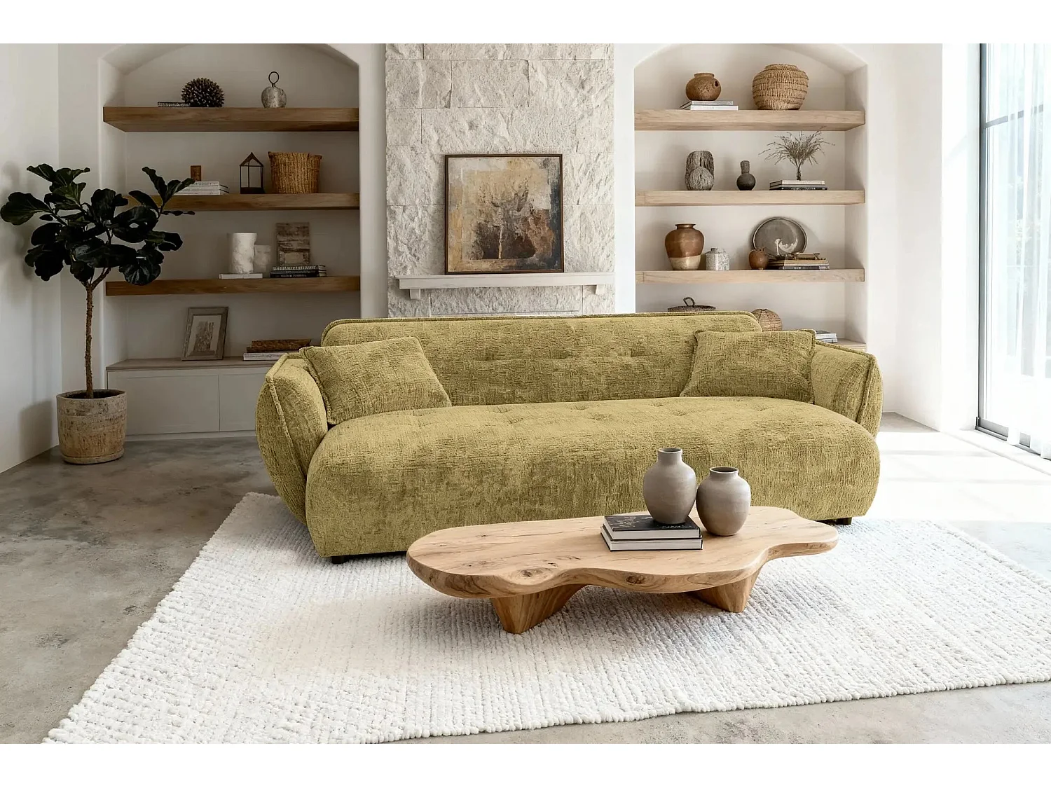 MONA - Canapé droit tissu chenille 3 places Moutarde