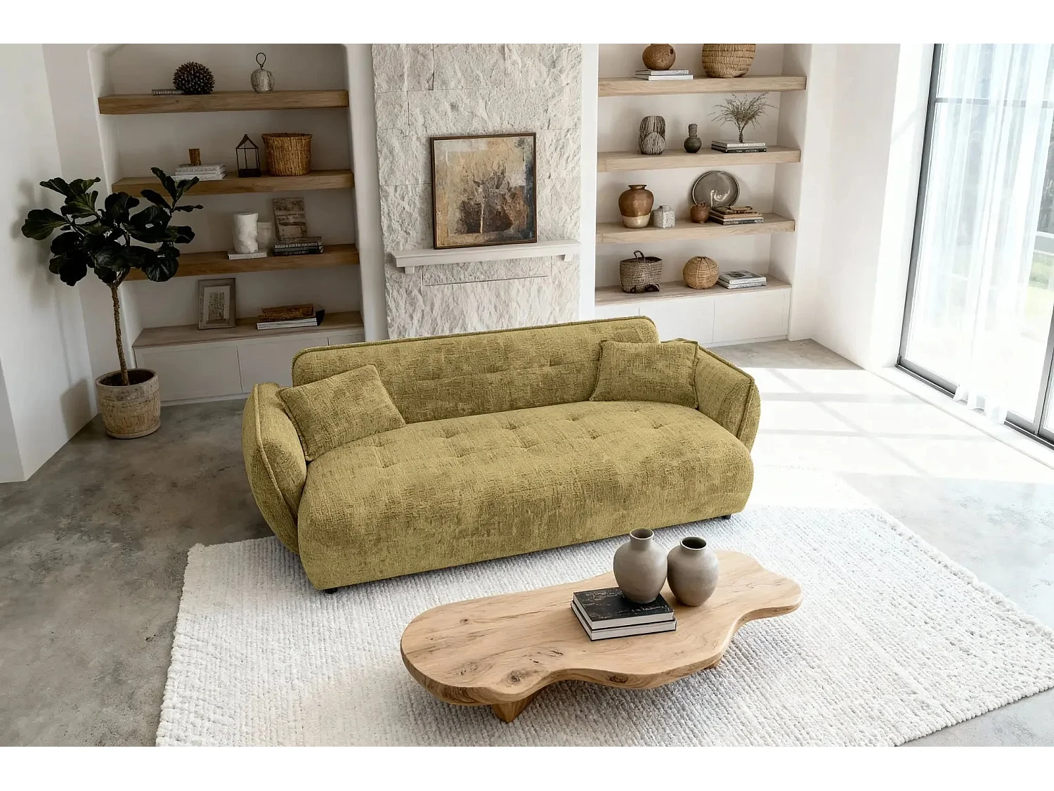 MONA - Canapé droit tissu chenille 3 places Moutarde