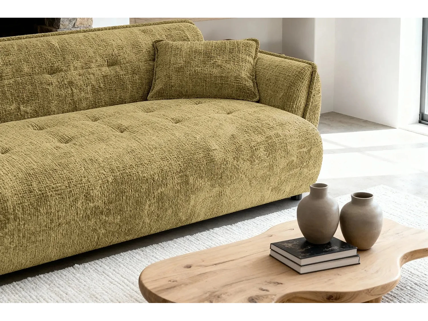 MONA - Canapé droit tissu chenille 3 places Moutarde
