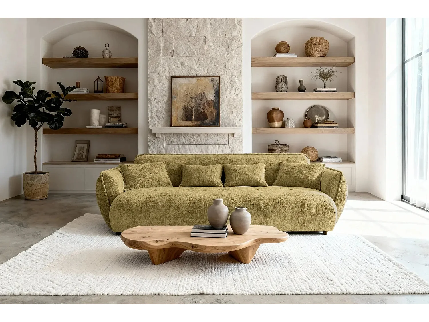 MONA - Canapé droit tissu chenille 3 places Moutarde