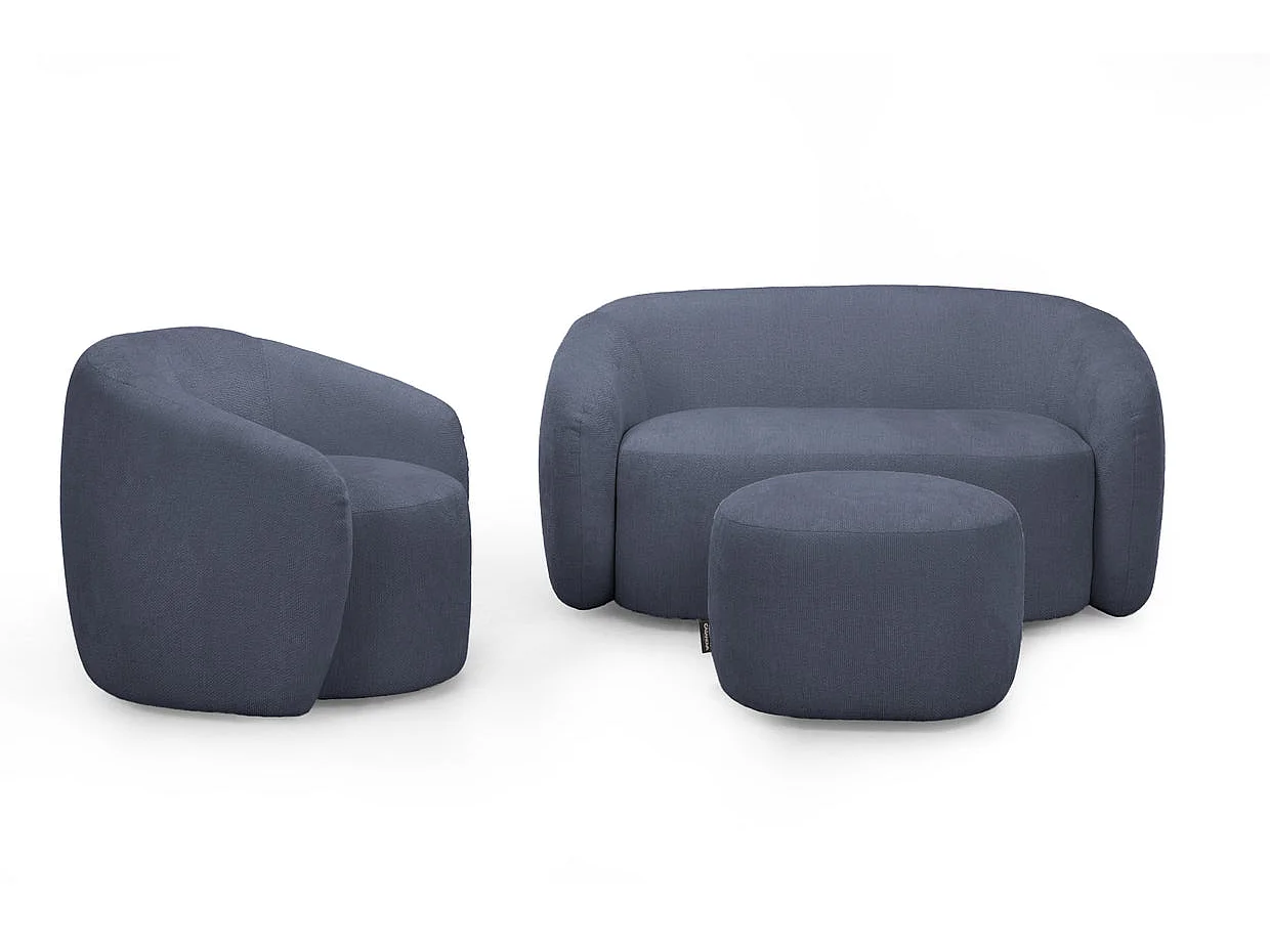 AURELIE - Pack 2-zits rechte bank + fauteuil + stoffen poef - Blauw