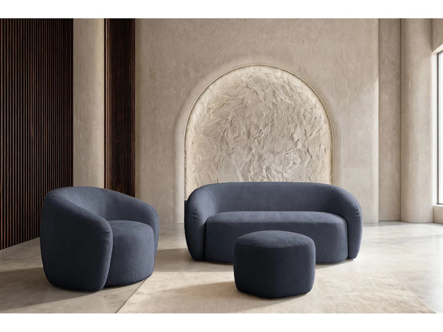 AURELIE - Pack 2-zits rechte bank + fauteuil + stoffen poef - Blauw