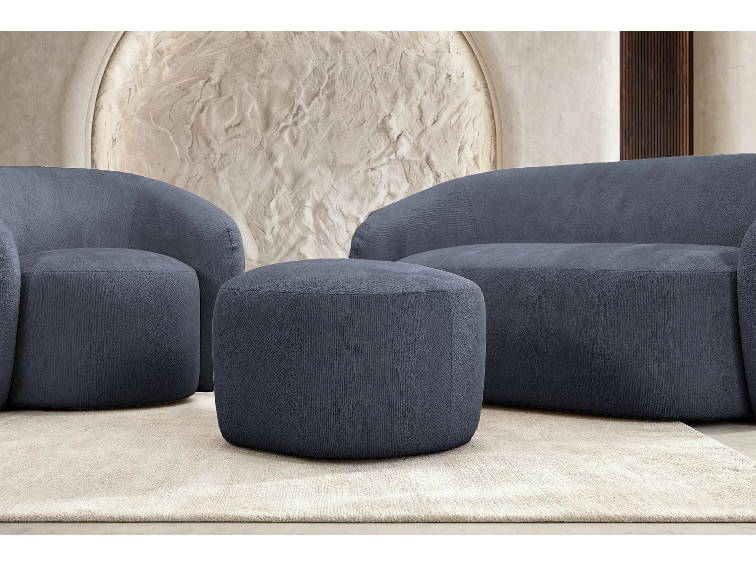 AURELIE - Pack 2-zits rechte bank + fauteuil + stoffen poef - Blauw
