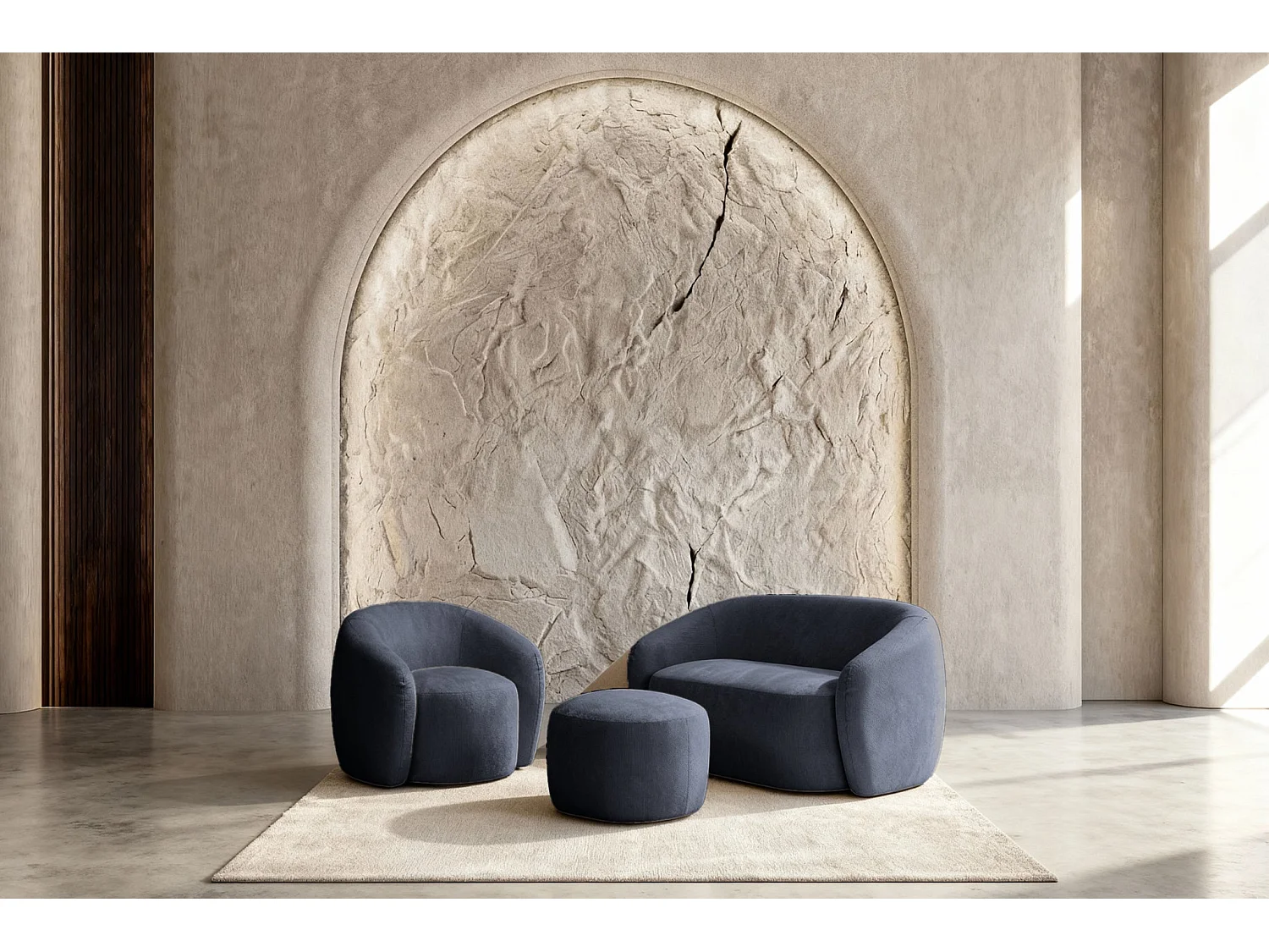 AURELIE - Pack 2-zits rechte bank + fauteuil + stoffen poef - Blauw