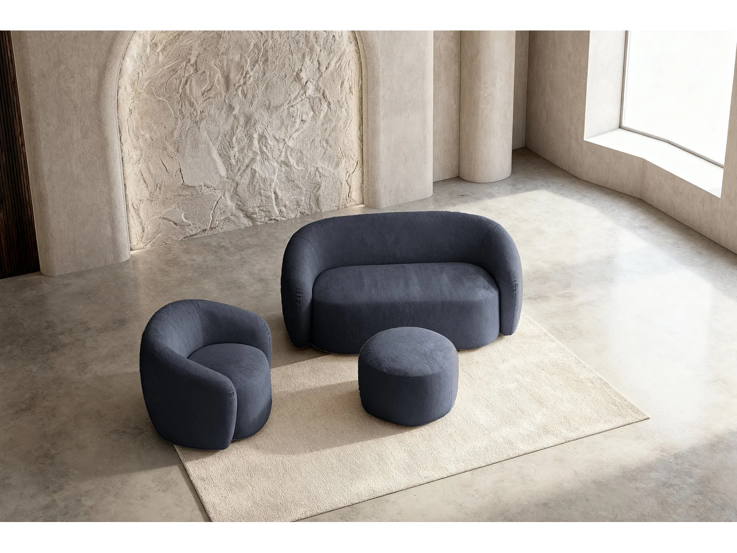 AURELIE - Pack 2-zits rechte bank + fauteuil + stoffen poef - Blauw
