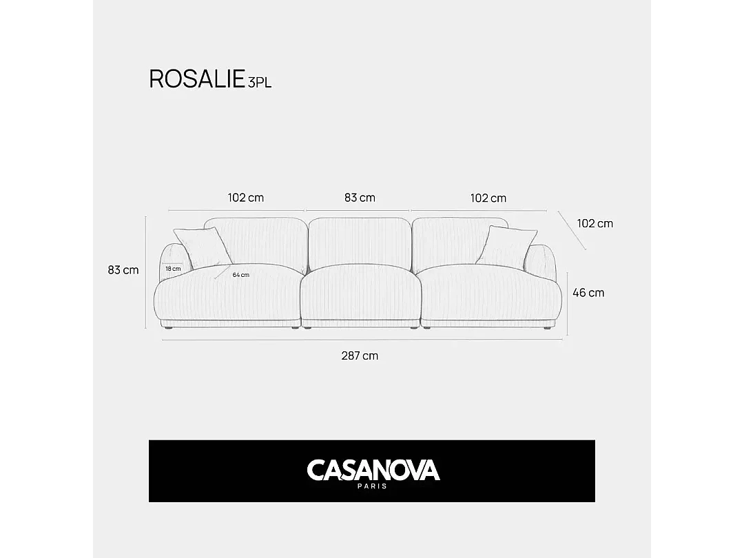ROSALIE - Canapé droit tissu chenille 3 places Gris clair