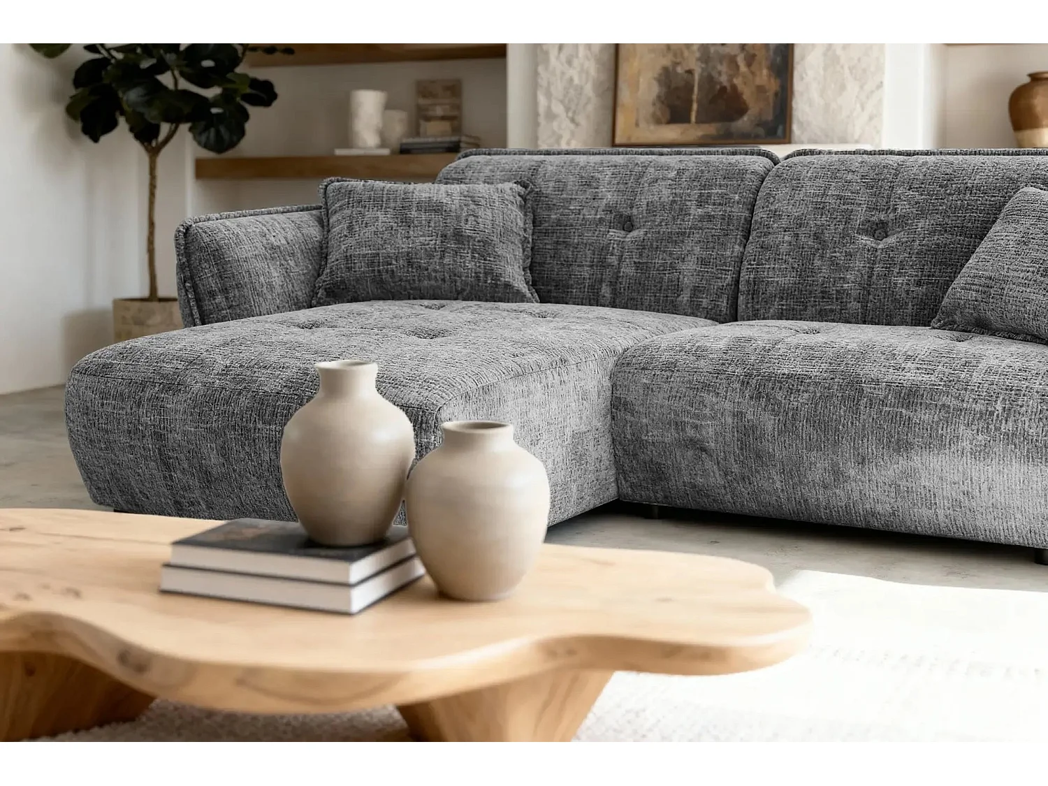 MONA - Canapé d'angle tissu chenille 4 places Gris foncé Droit